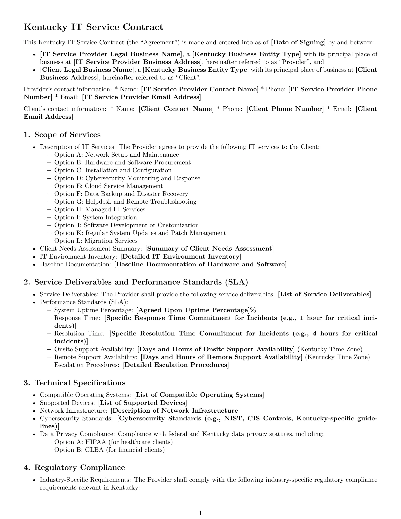Preview page 1 of Free Kentucky IT service contract template