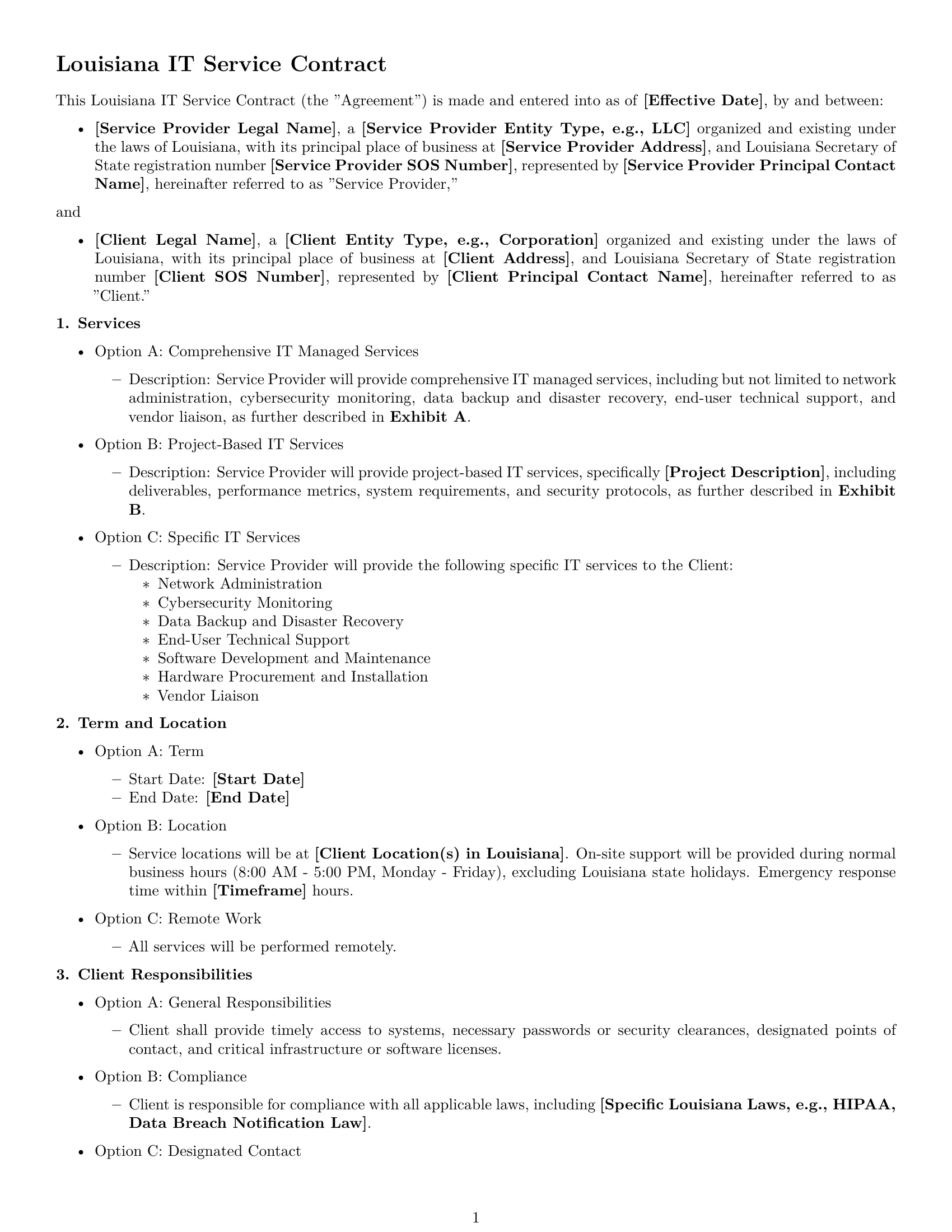 Preview page 1 of Free Louisiana IT service contract template