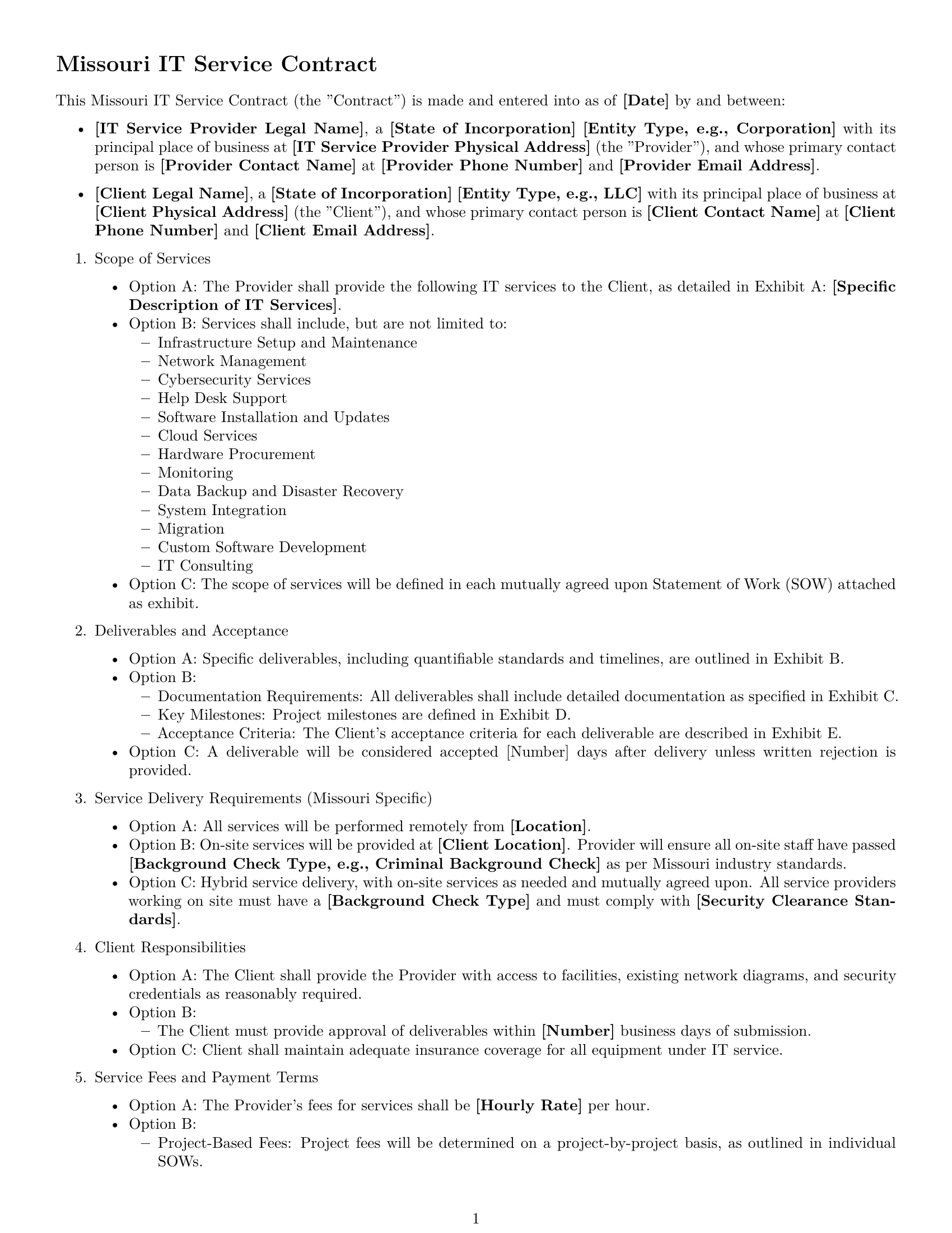 Preview page 1 of Free Missouri IT service contract template