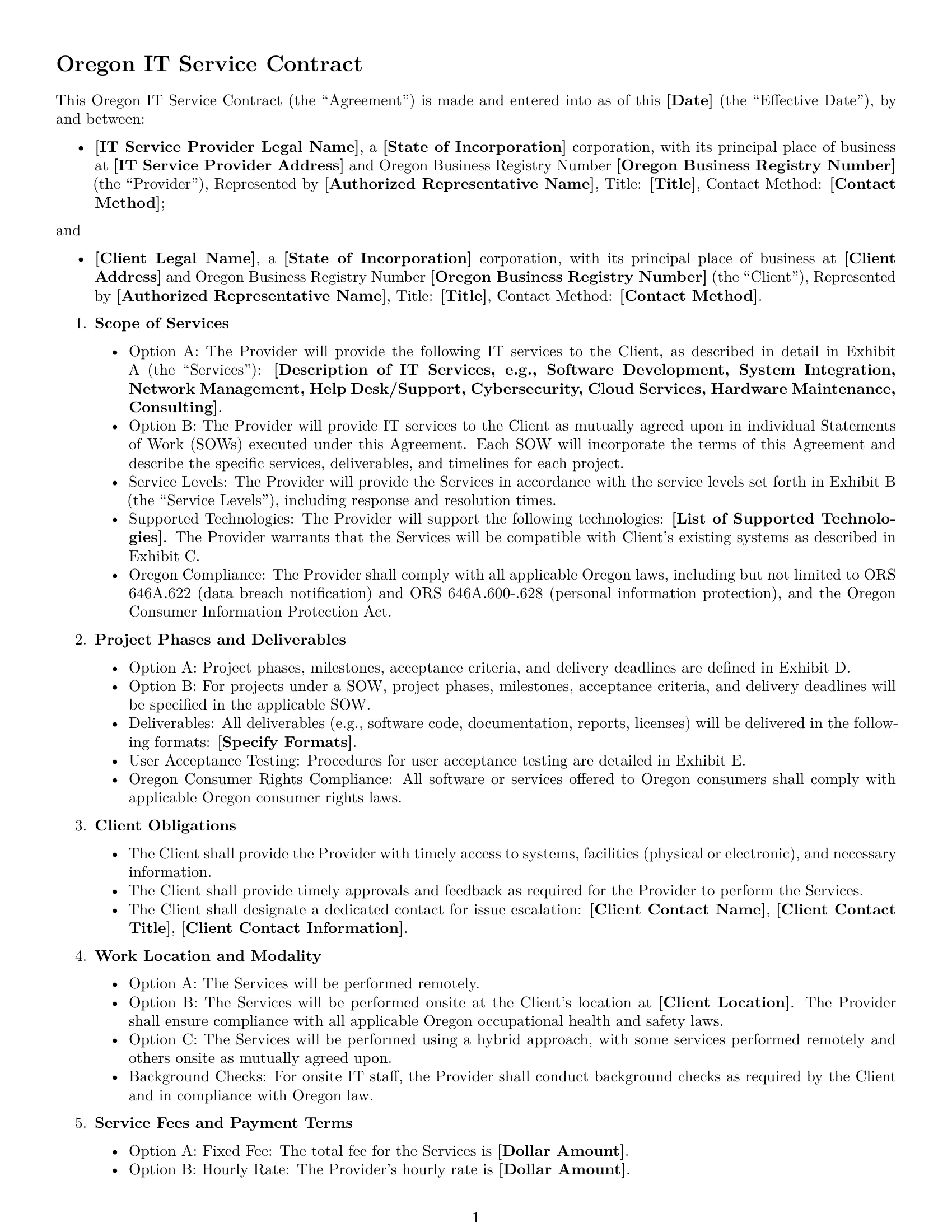 Preview page 1 of Free Oregon IT service contract template