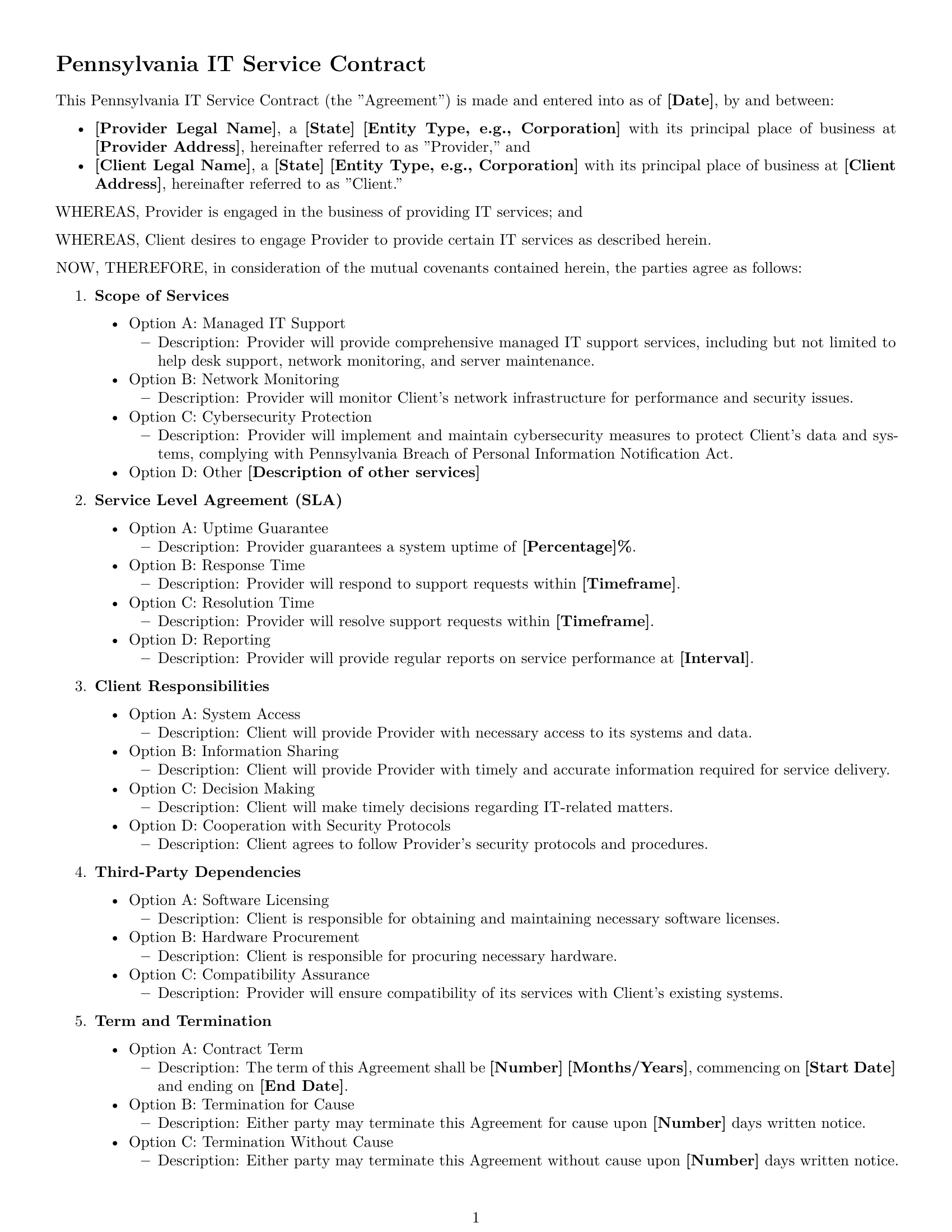Preview page 1 of Free Pennsylvania IT service contract template