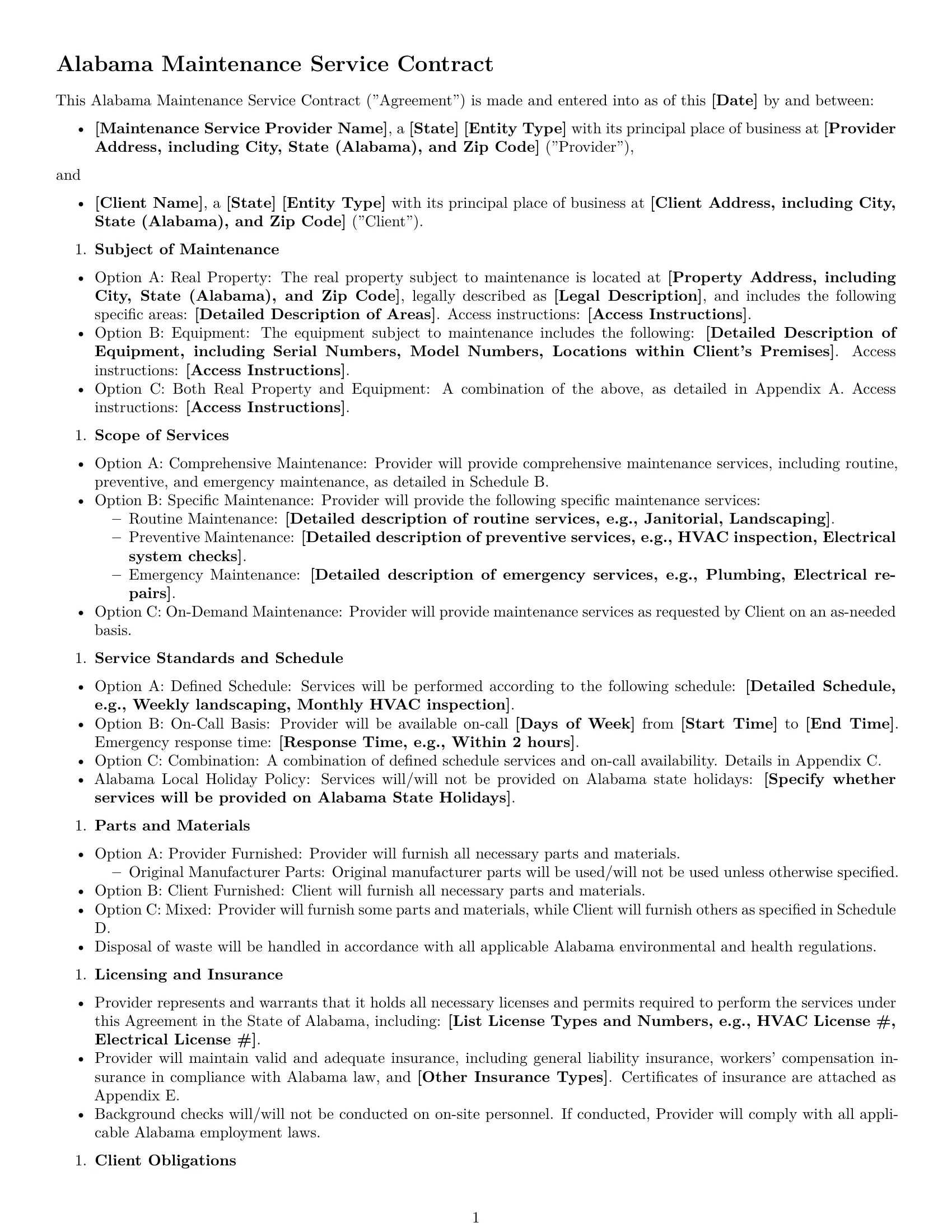 Preview page 1 of Free Alabama maintenance service contract template