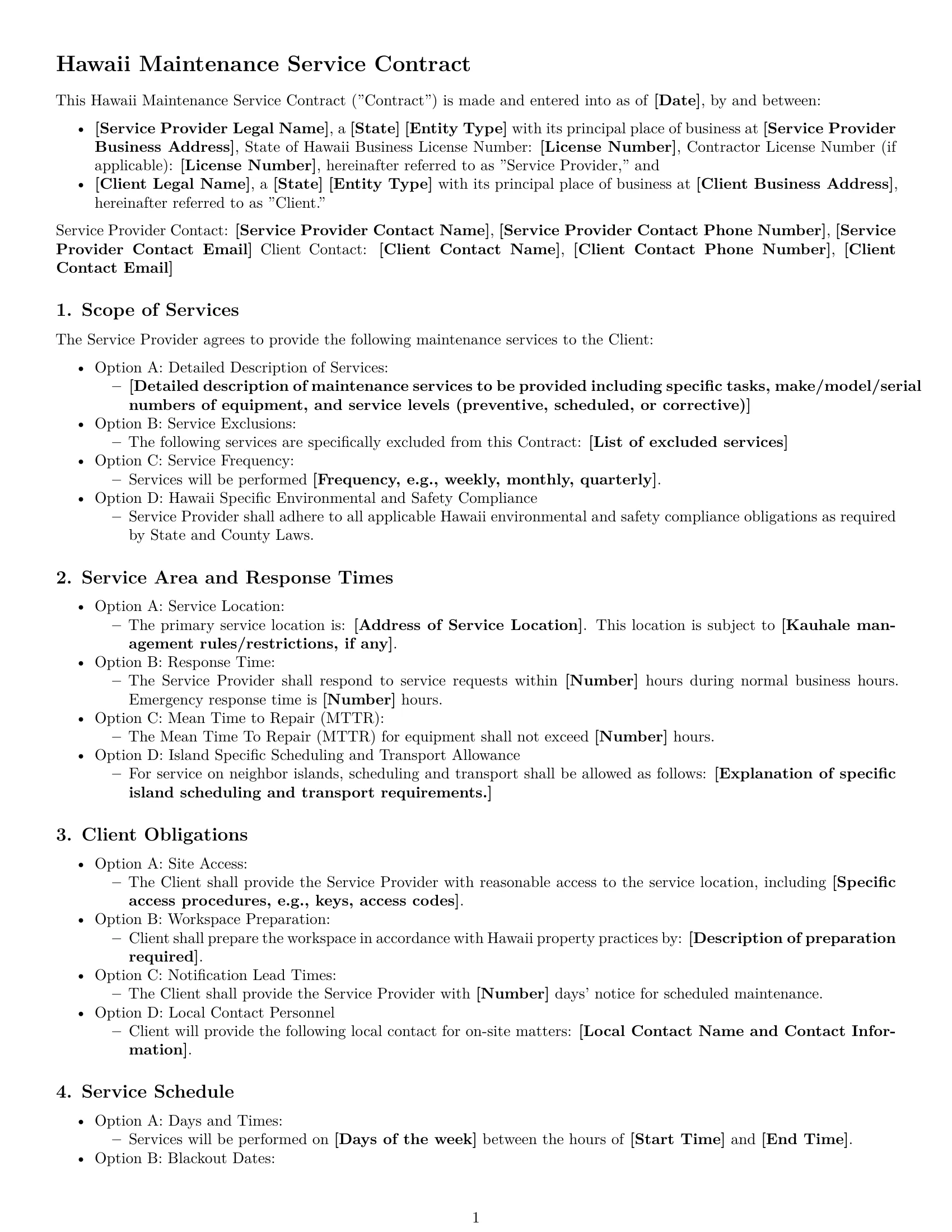 Preview page 1 of Free Hawaii maintenance service contract template