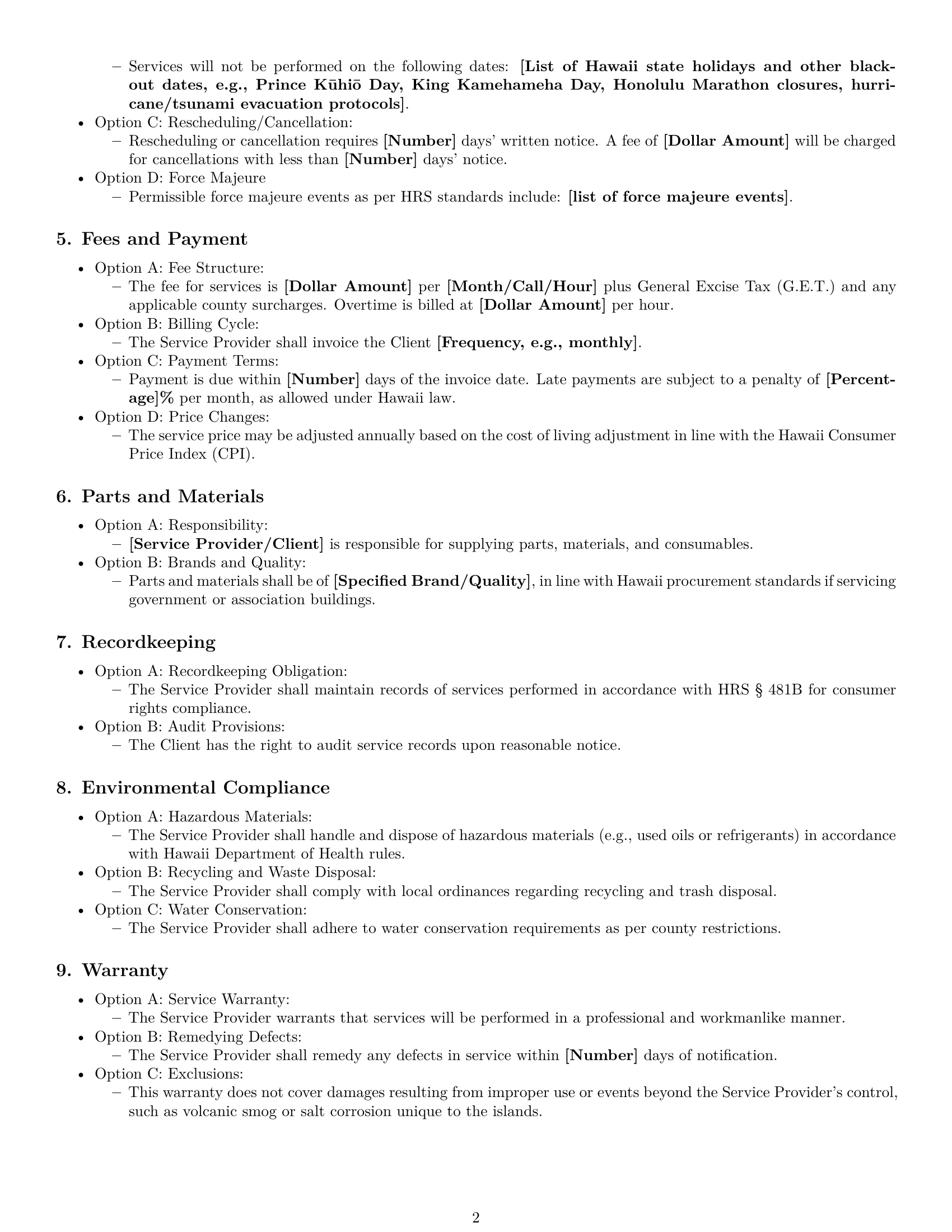 Preview page 2 of Free Hawaii maintenance service contract template