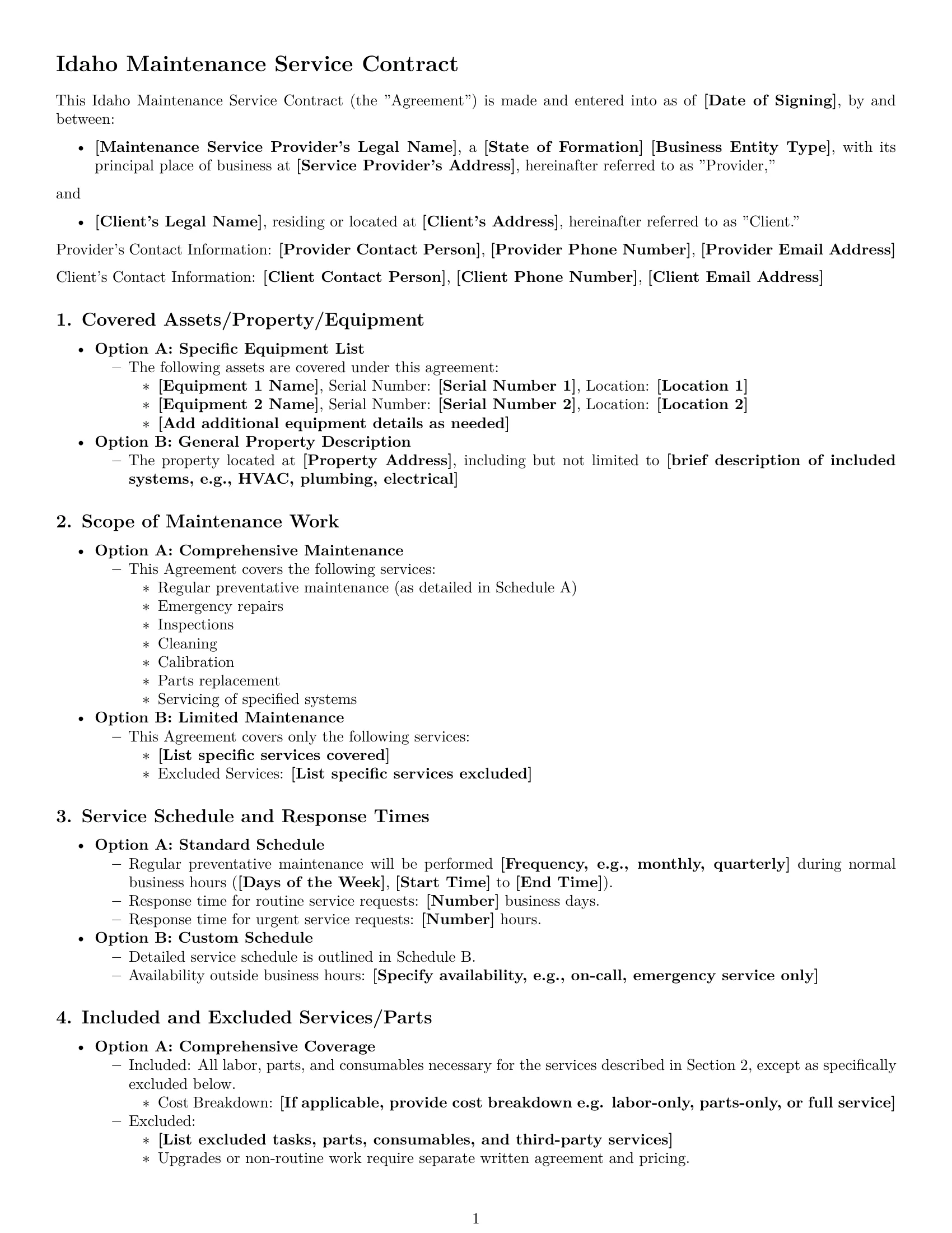 Preview page 1 of Free Idaho maintenance service contract template