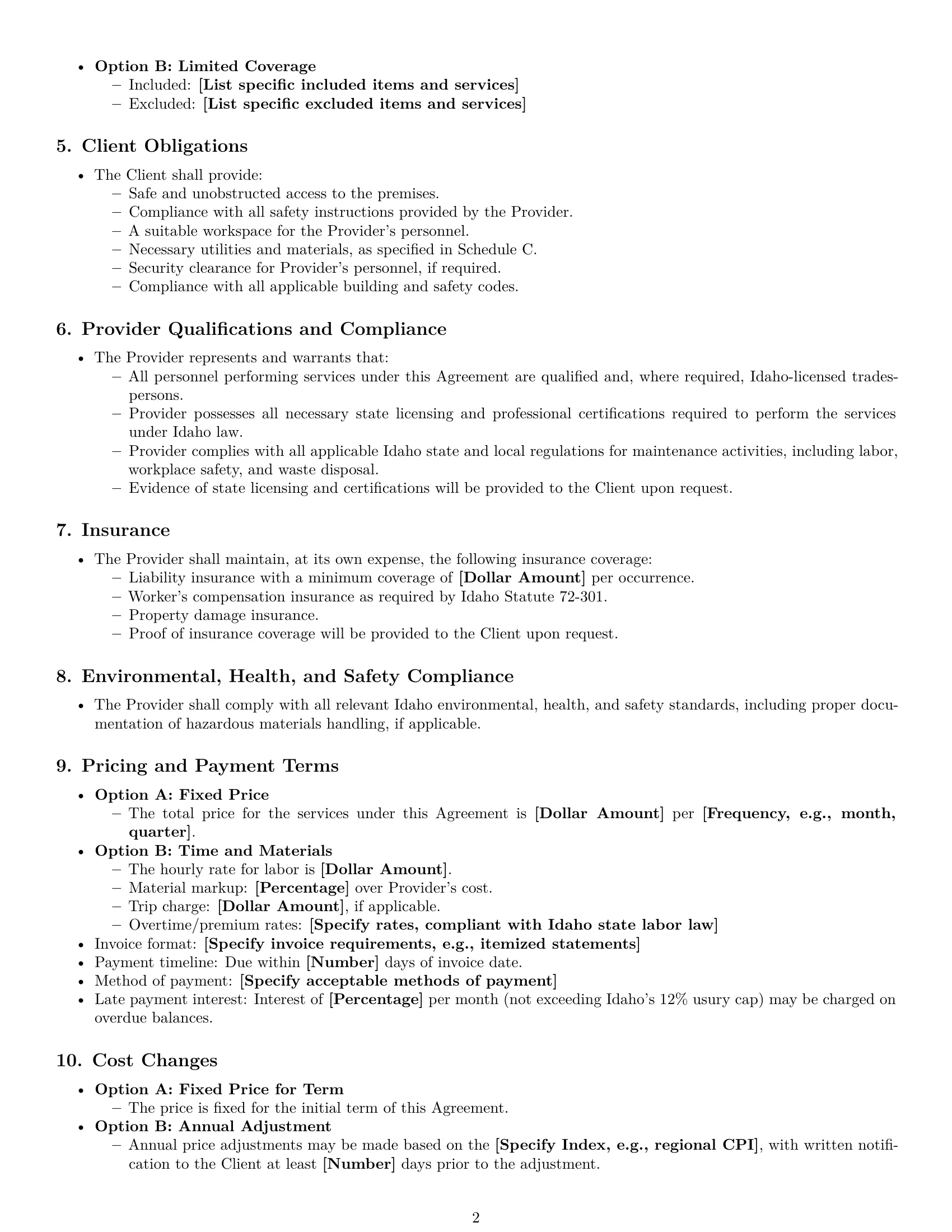Preview page 2 of Free Idaho maintenance service contract template