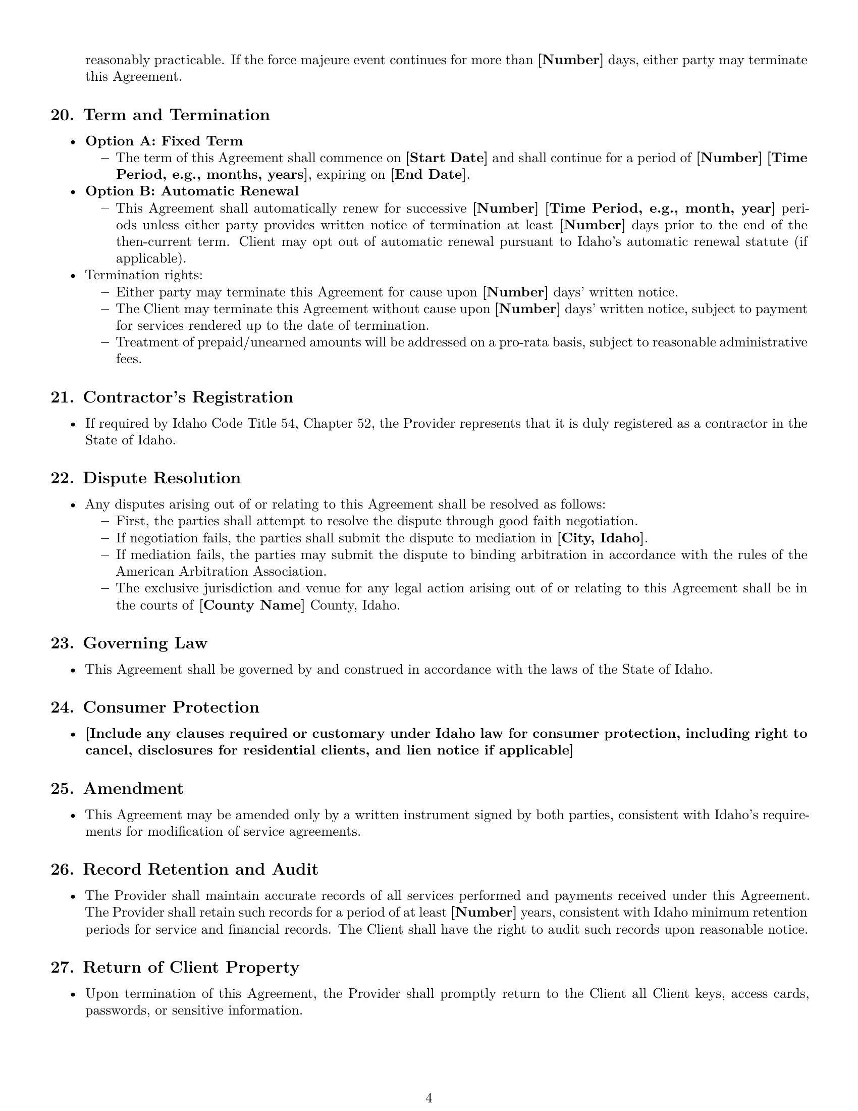Preview page 4 of Free Idaho maintenance service contract template