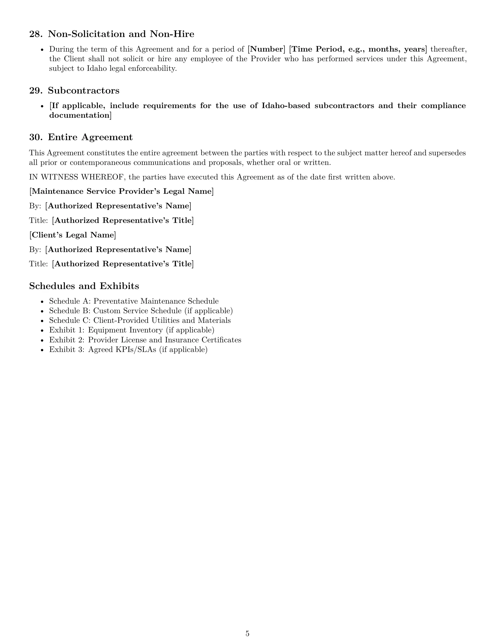 Preview page 5 of Free Idaho maintenance service contract template