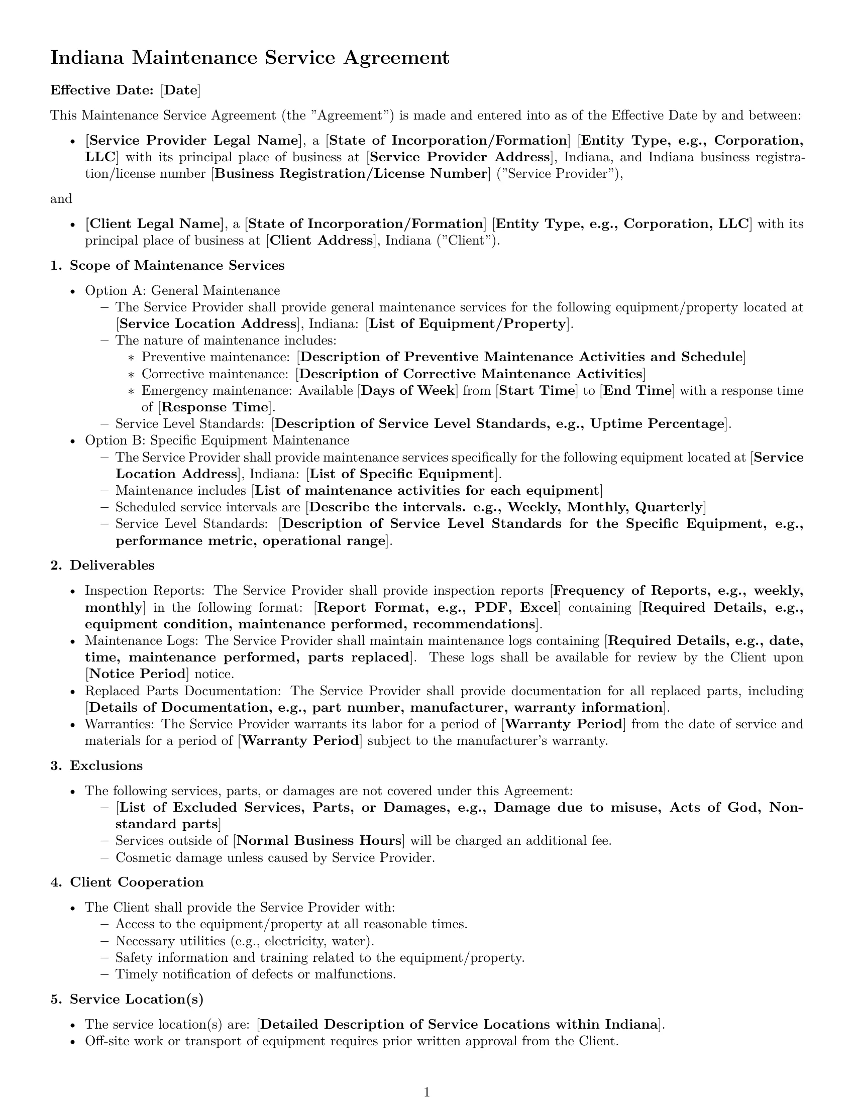 Preview page 1 of Free Indiana maintenance service contract template