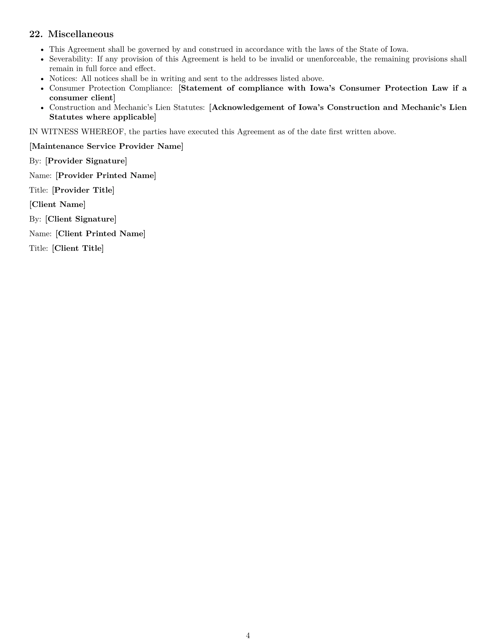 Preview page 4 of Free Iowa maintenance service contract template