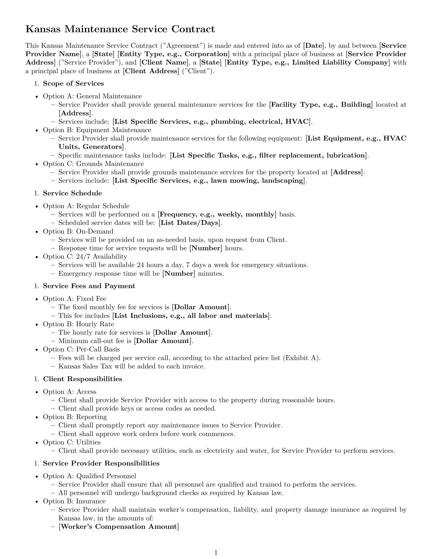 Preview page 1 of Free Kansas maintenance service contract template