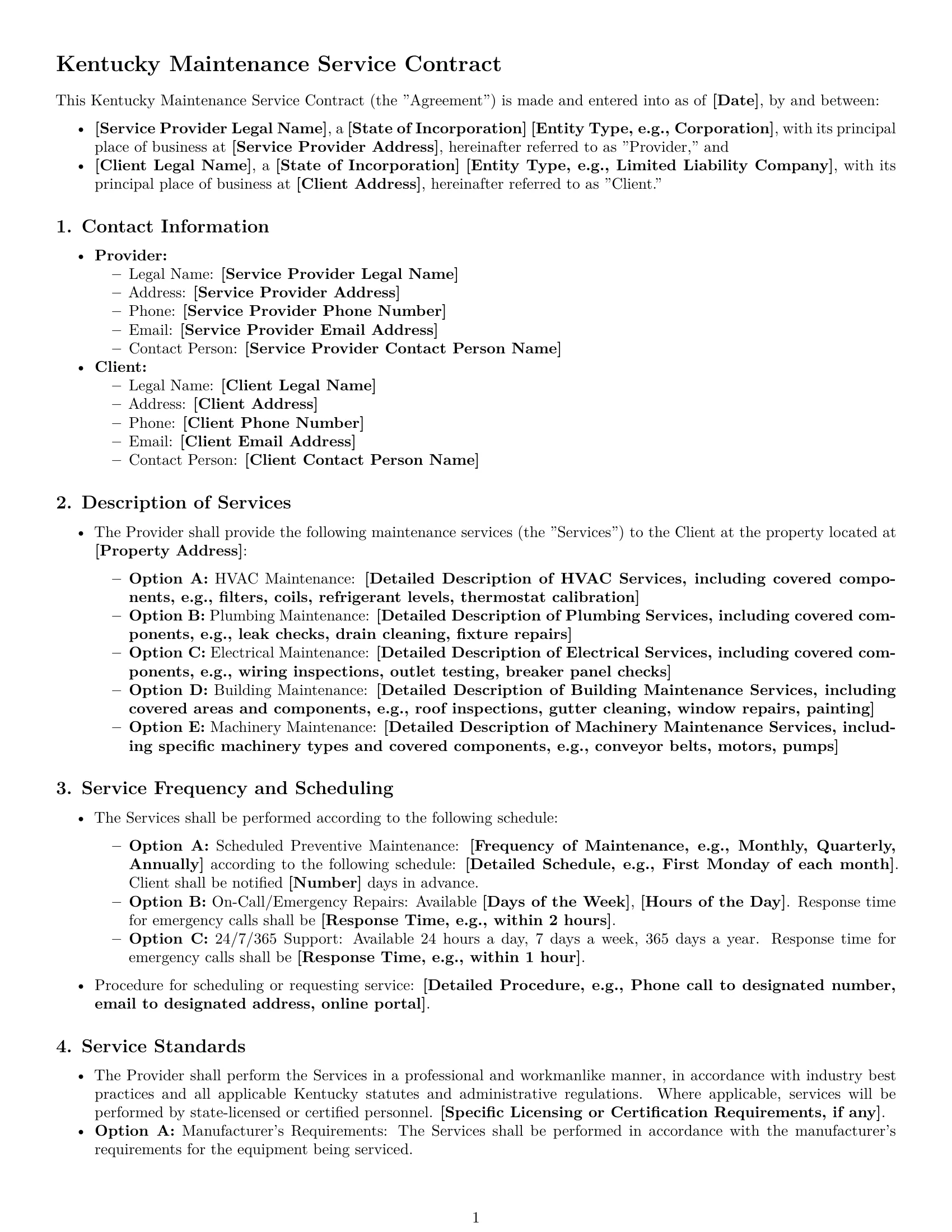 Preview page 1 of Free Kentucky maintenance service contract template