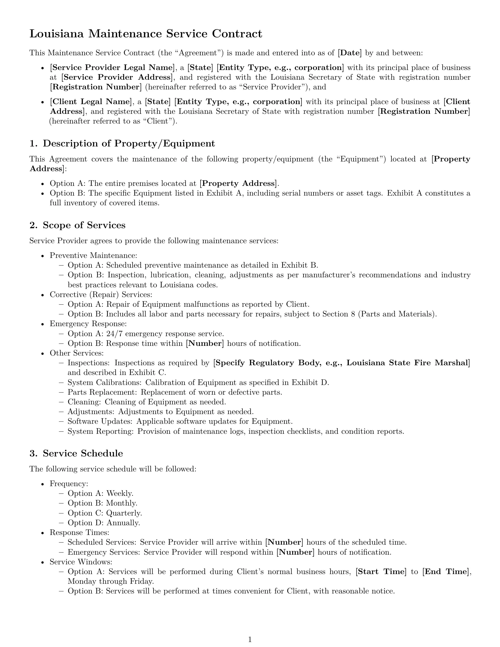 Preview page 1 of Free Louisiana maintenance service contract template