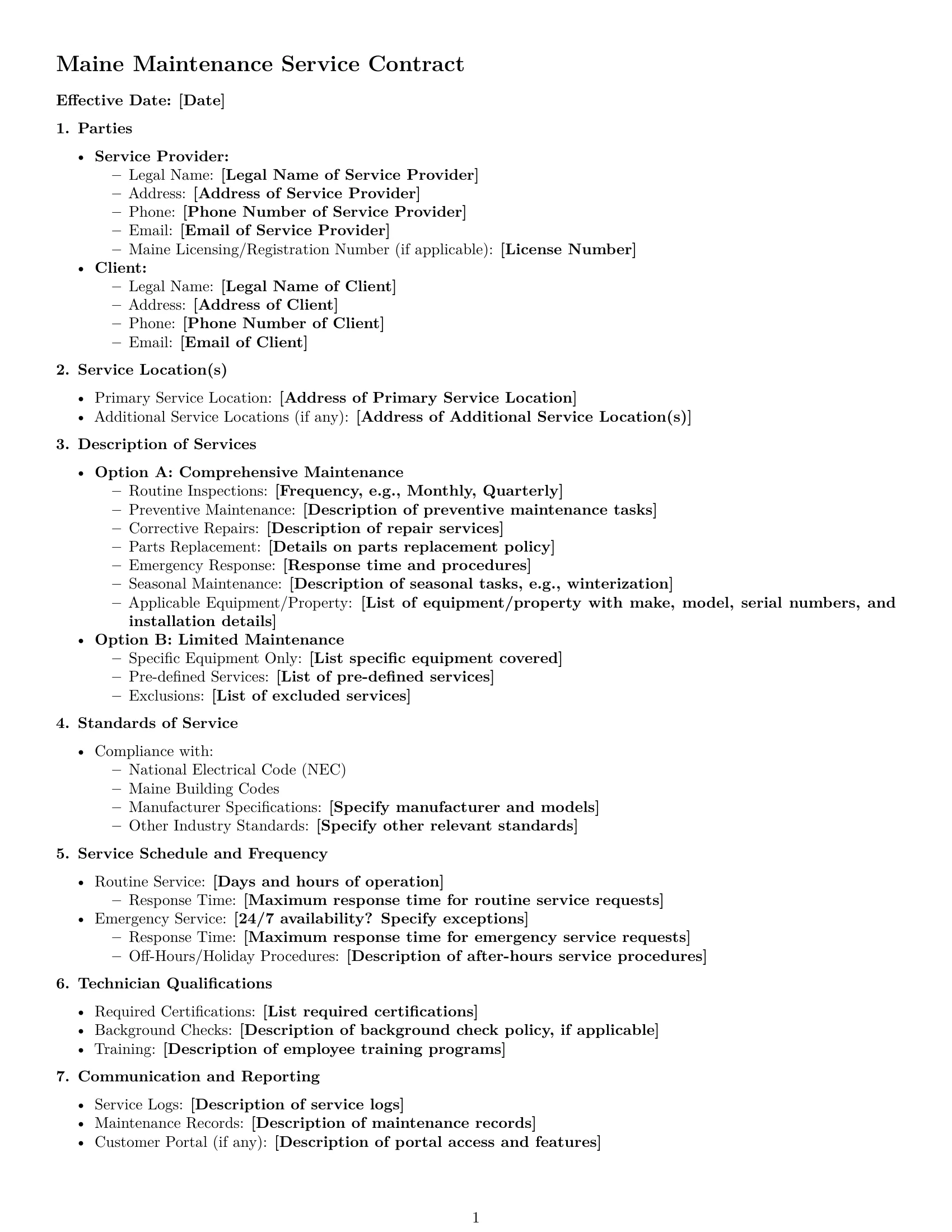 Preview page 1 of Free Maine maintenance service contract template
