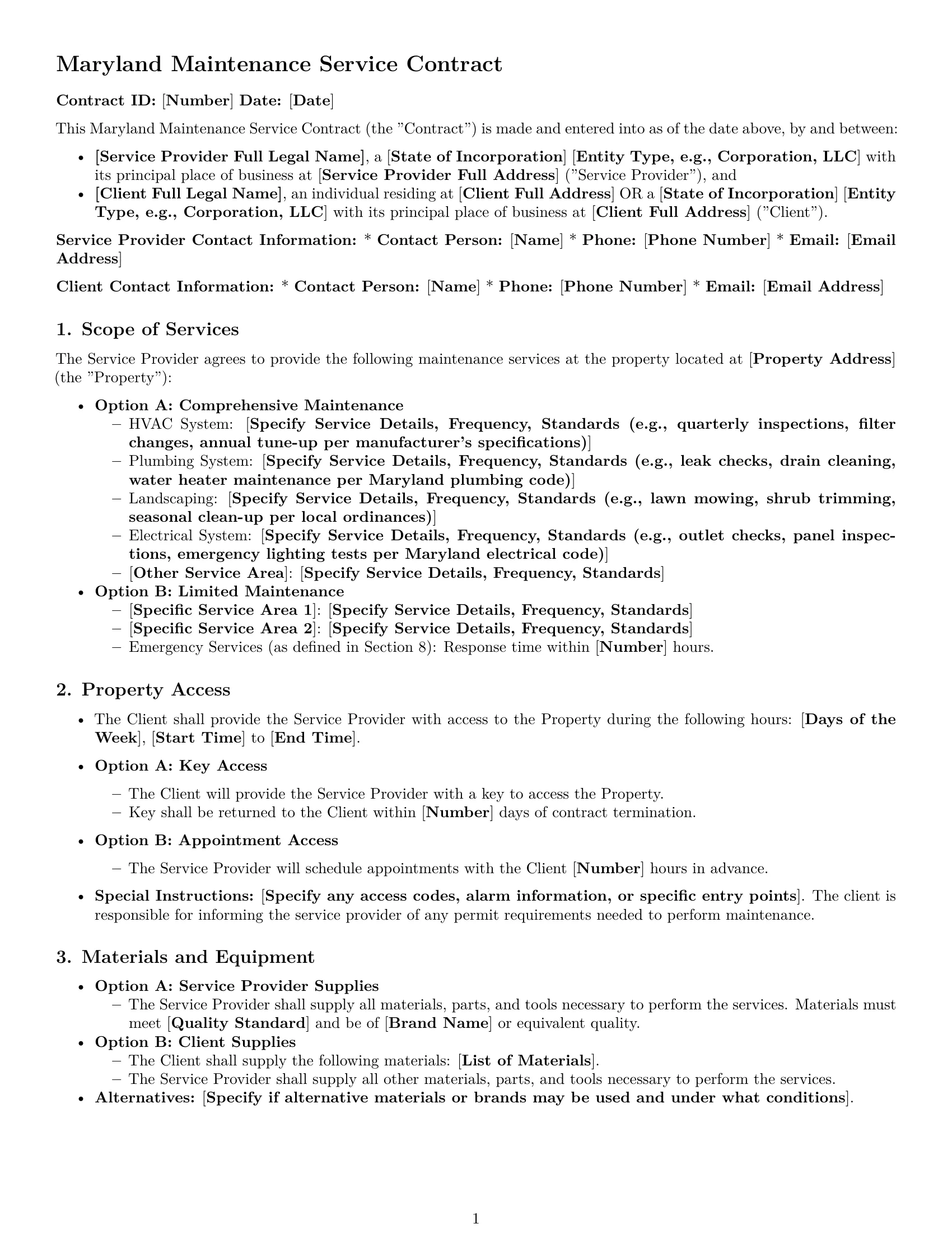 Preview page 1 of Free Maryland maintenance service contract template