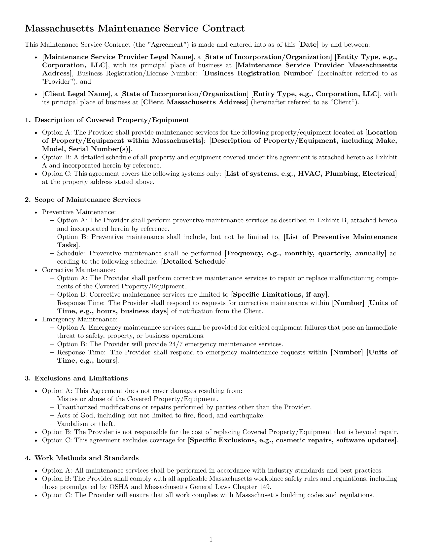 Preview page 1 of Free Massachusetts maintenance service contract template