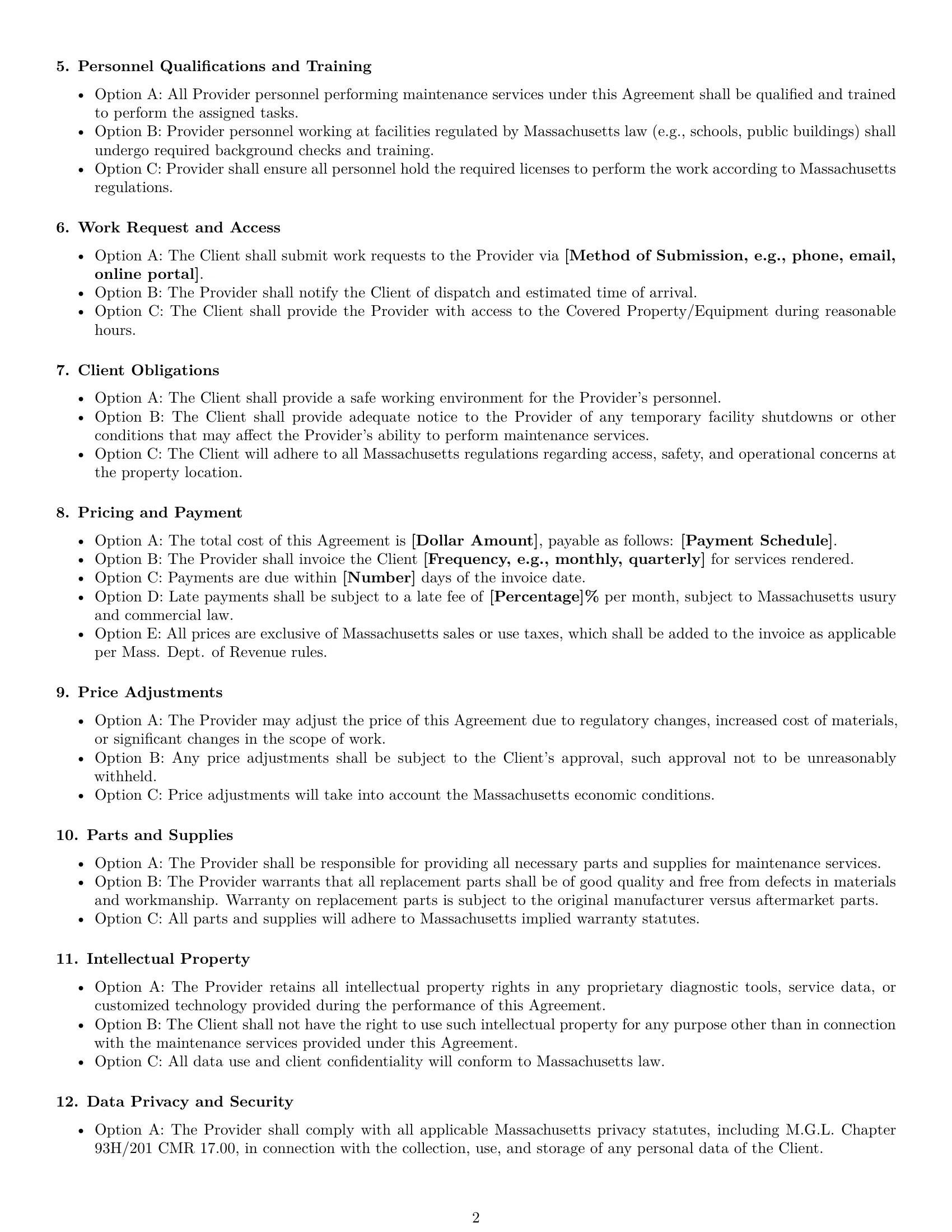 Preview page 2 of Free Massachusetts maintenance service contract template