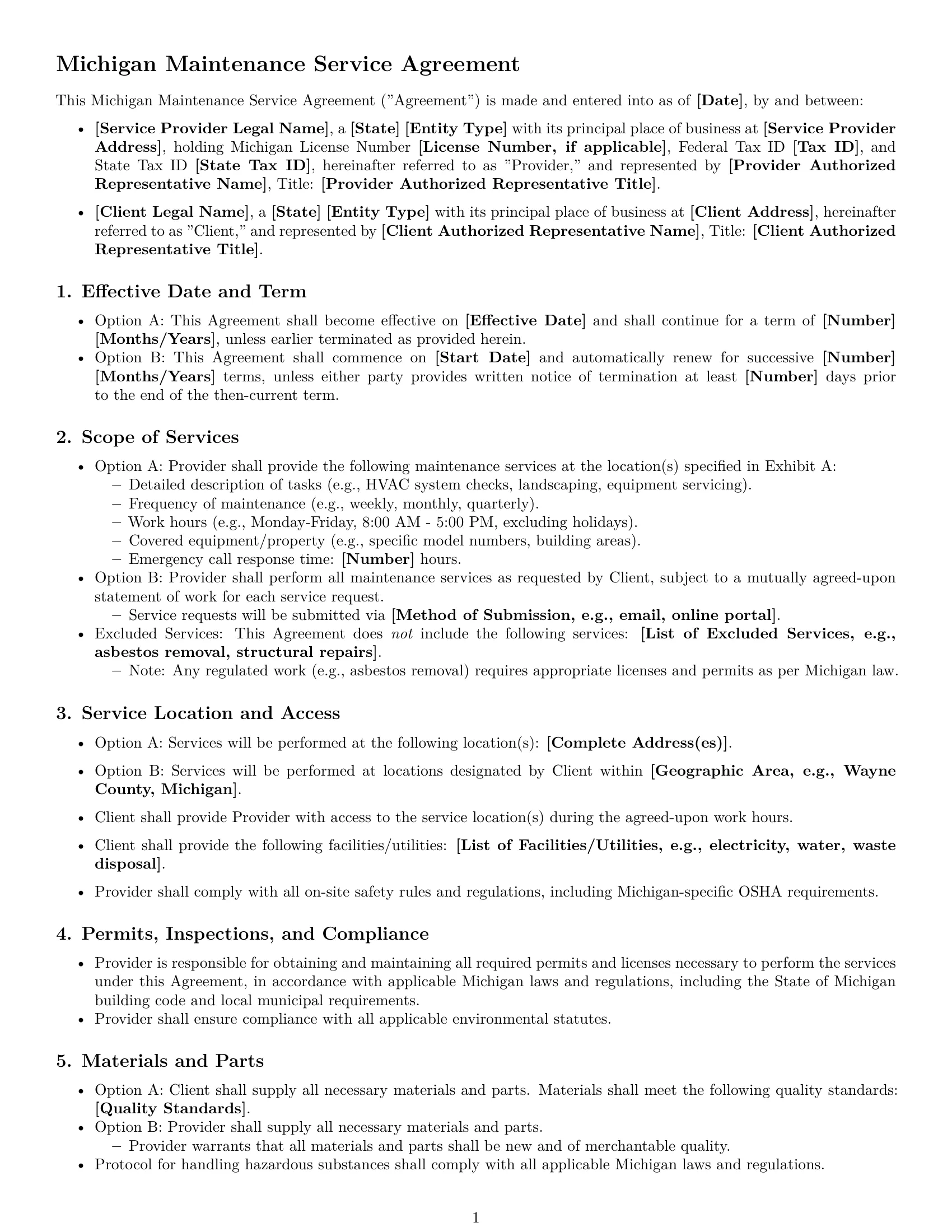 Preview page 1 of Free Michigan maintenance service contract template