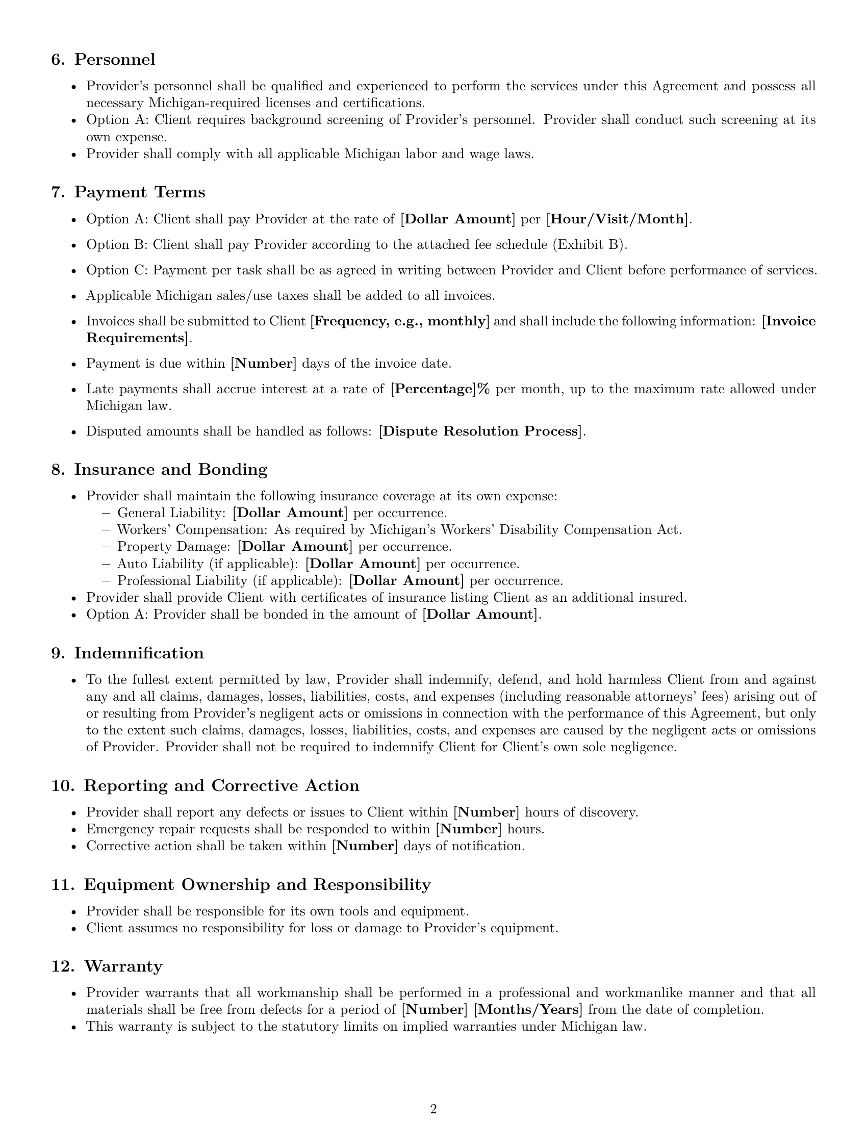 Preview page 2 of Free Michigan maintenance service contract template