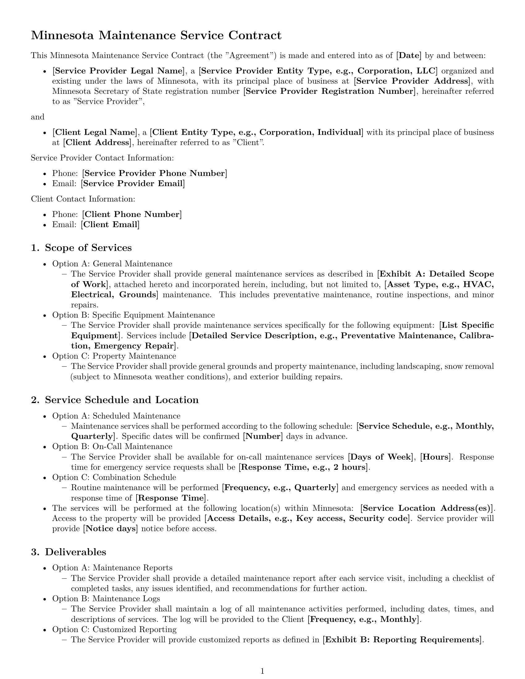 Preview page 1 of Free Minnesota maintenance service contract template
