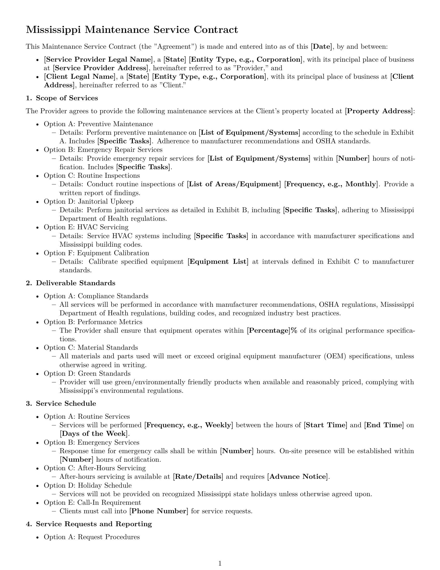 Preview page 1 of Free Mississippi maintenance service contract template