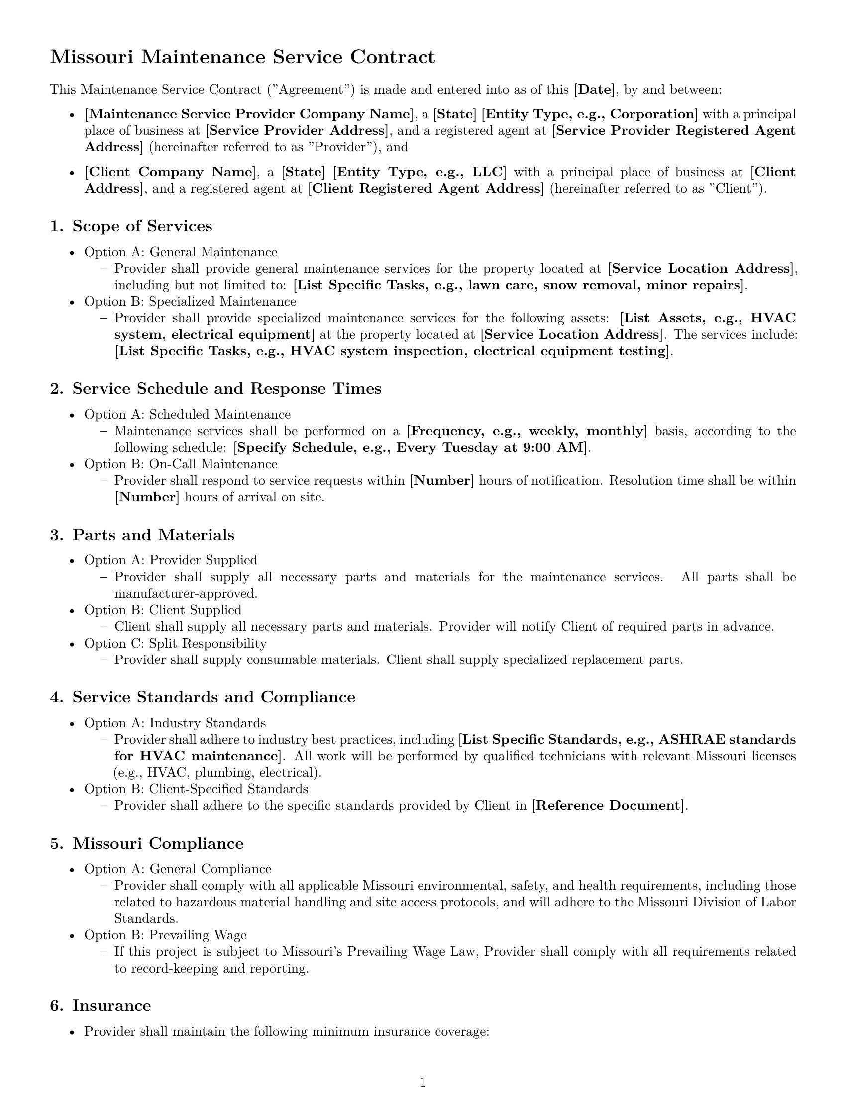 Preview page 1 of Free Missouri maintenance service contract template