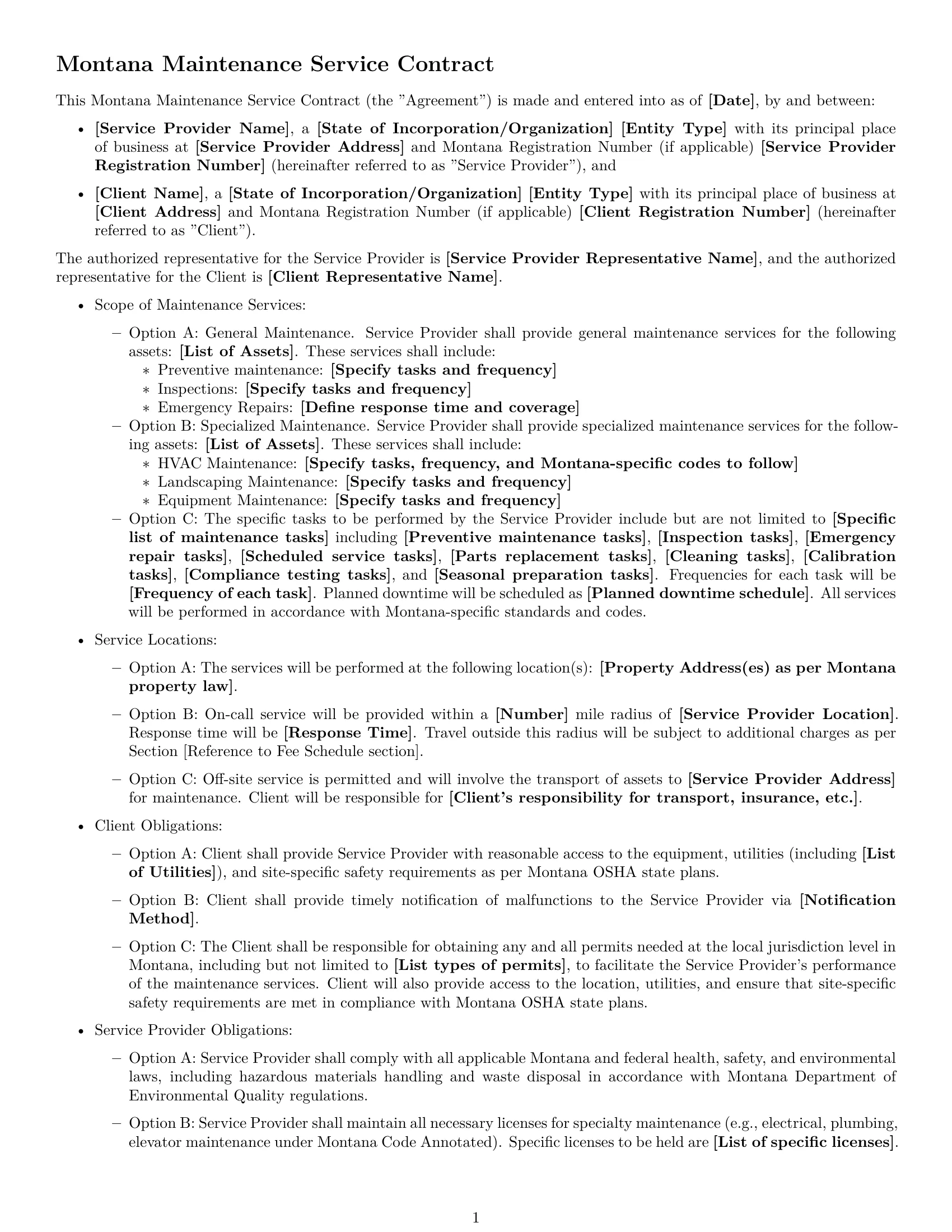Preview page 1 of Free Montana maintenance service contract template