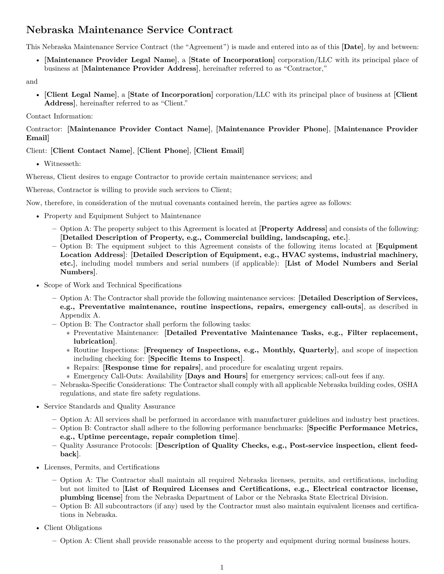Preview page 1 of Free Nebraska maintenance service contract template