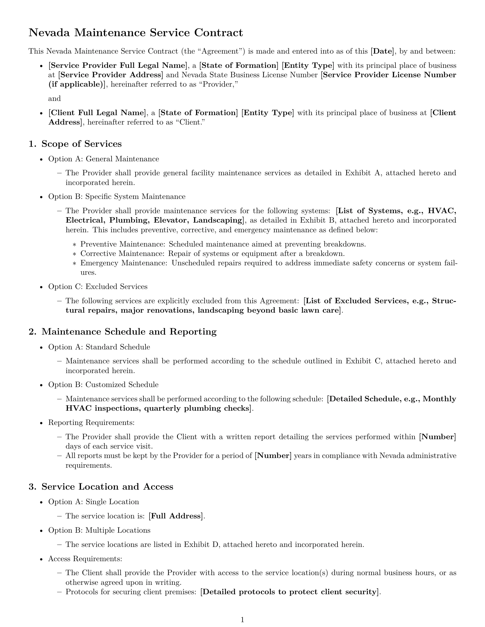 Preview page 1 of Free Nevada maintenance service contract template