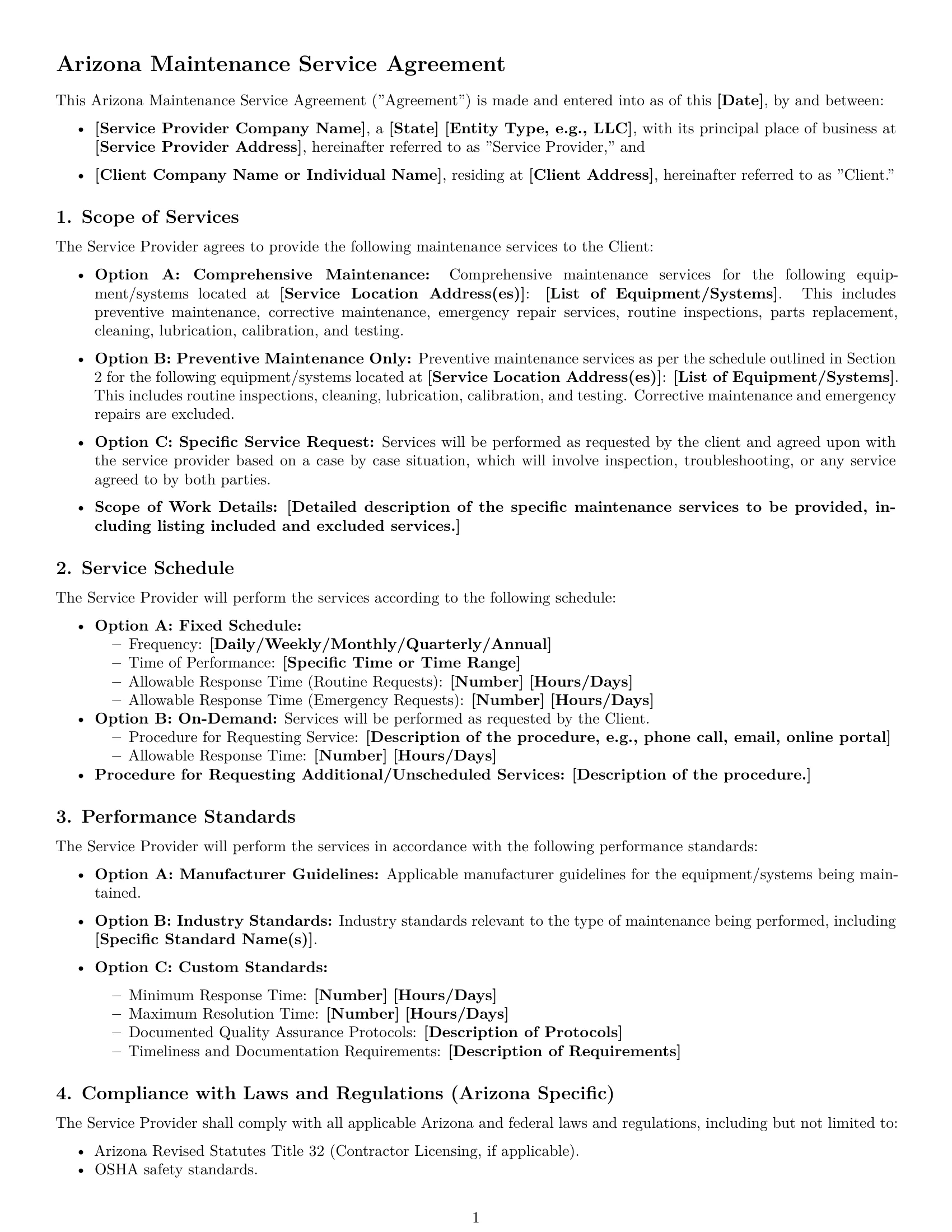 Preview page 1 of Free Arizona maintenance service contract template
