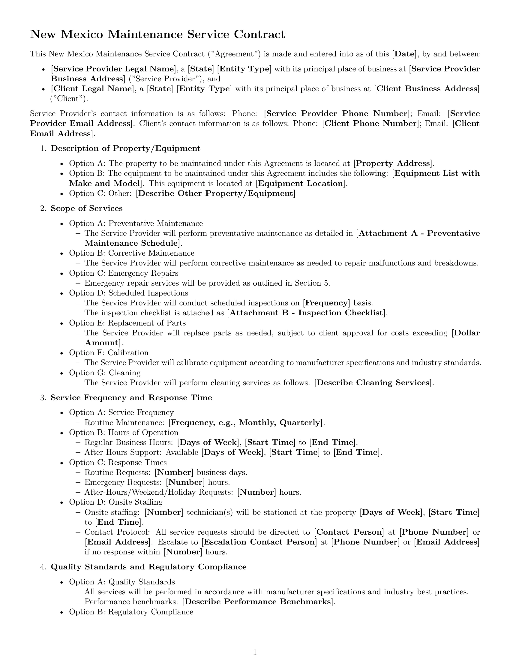 Preview page 1 of Free New Mexico maintenance service contract template