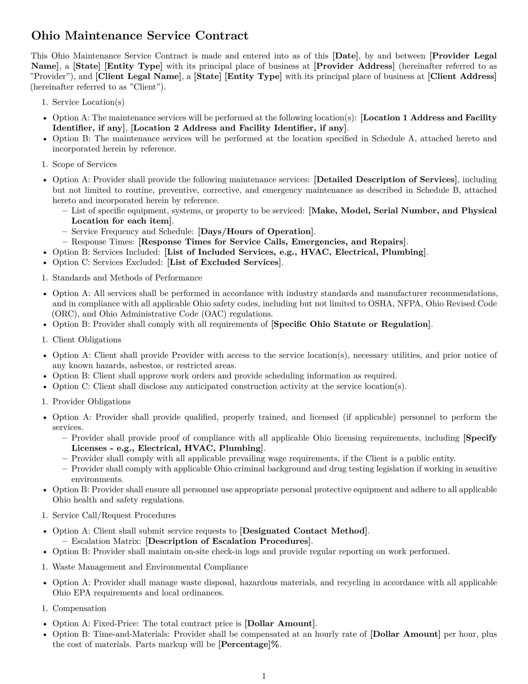 Preview page 1 of Free Ohio maintenance service contract template