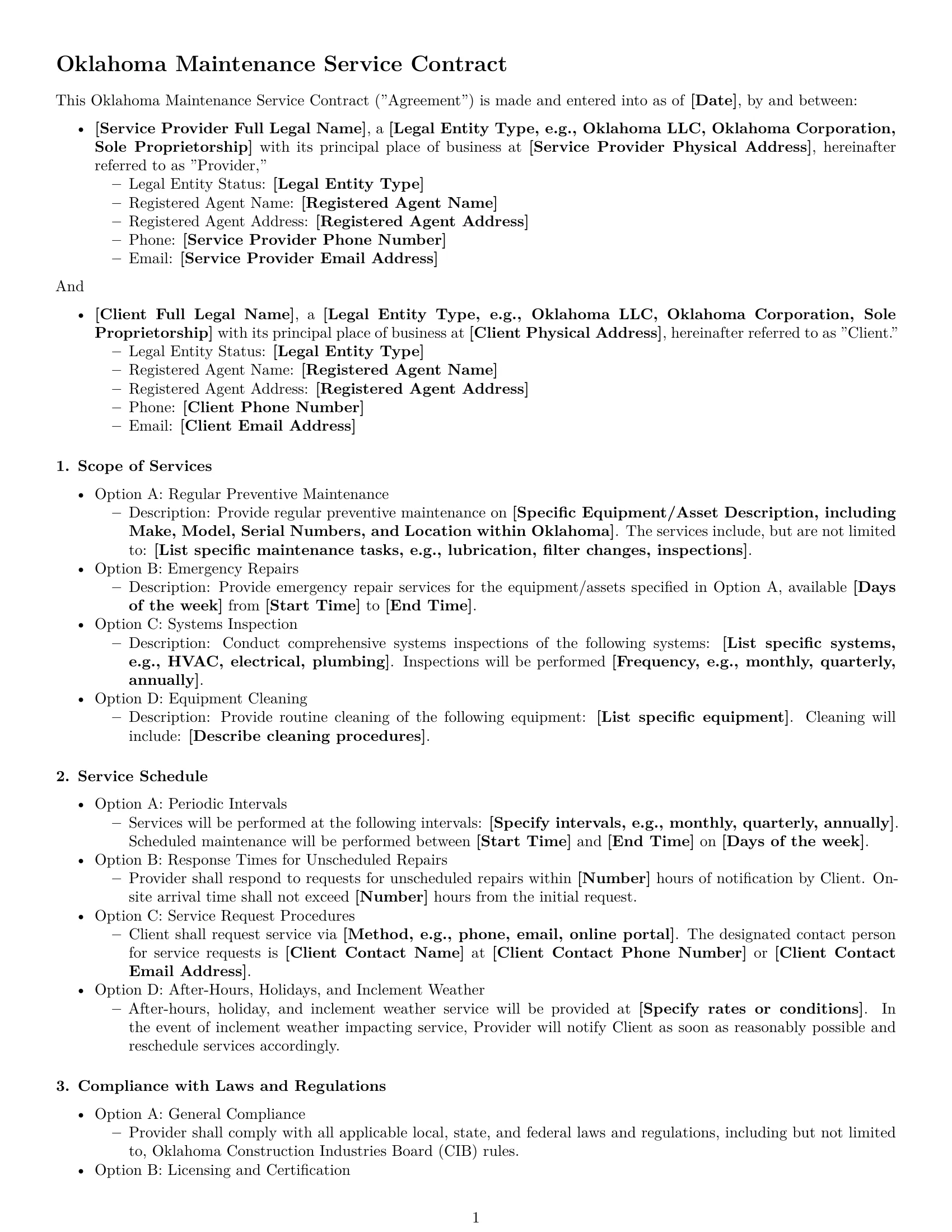 Preview page 1 of Free Oklahoma maintenance service contract template