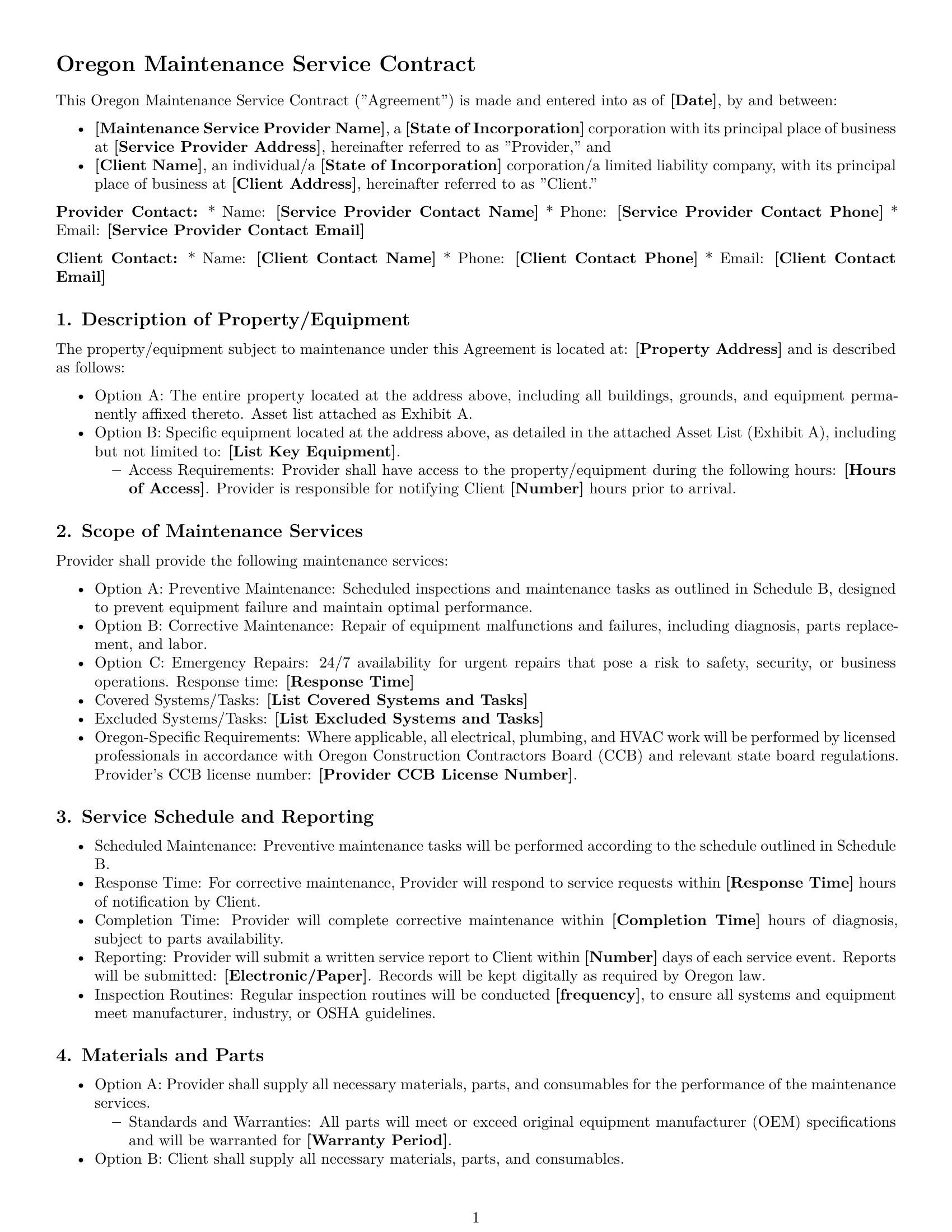 Preview page 1 of Free Oregon maintenance service contract template