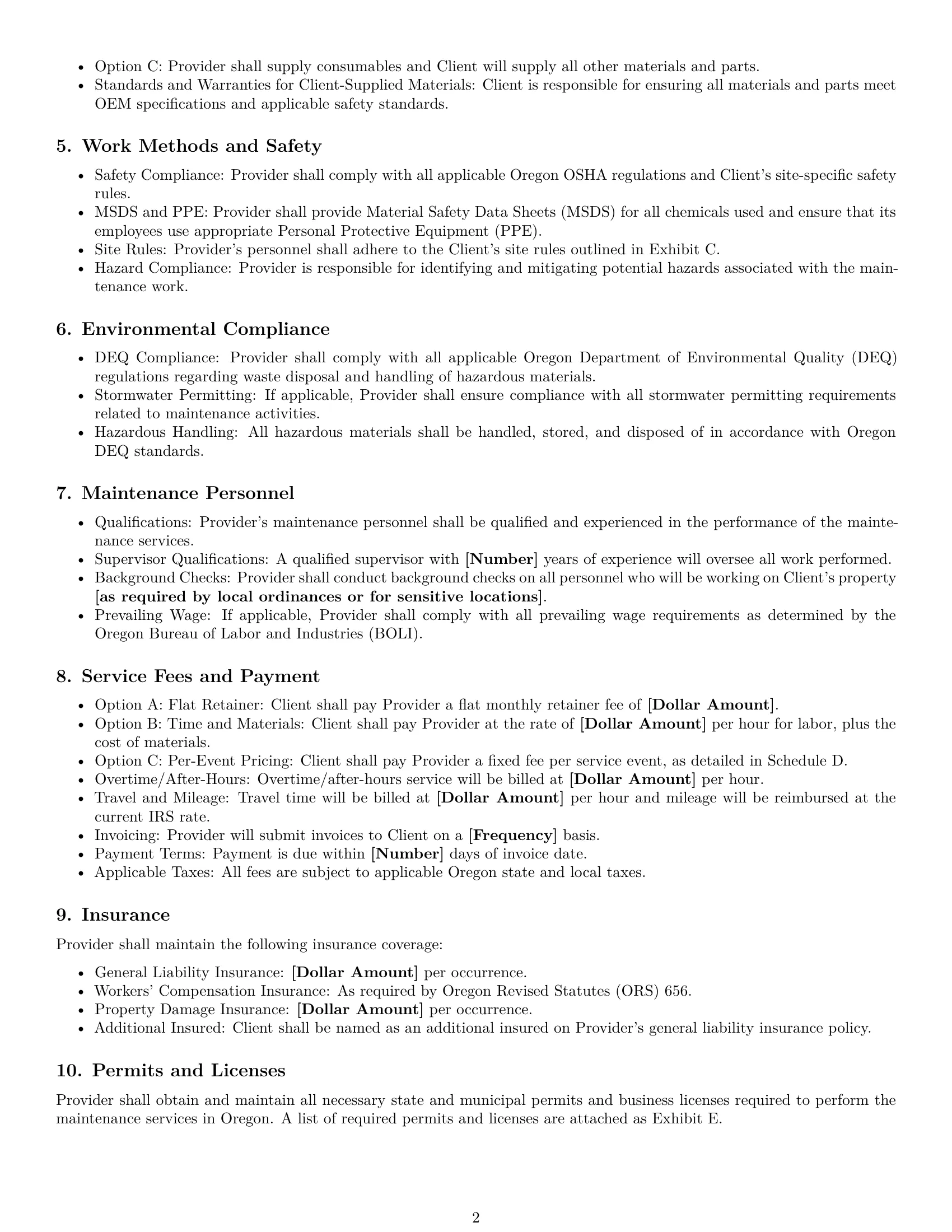 Preview page 2 of Free Oregon maintenance service contract template