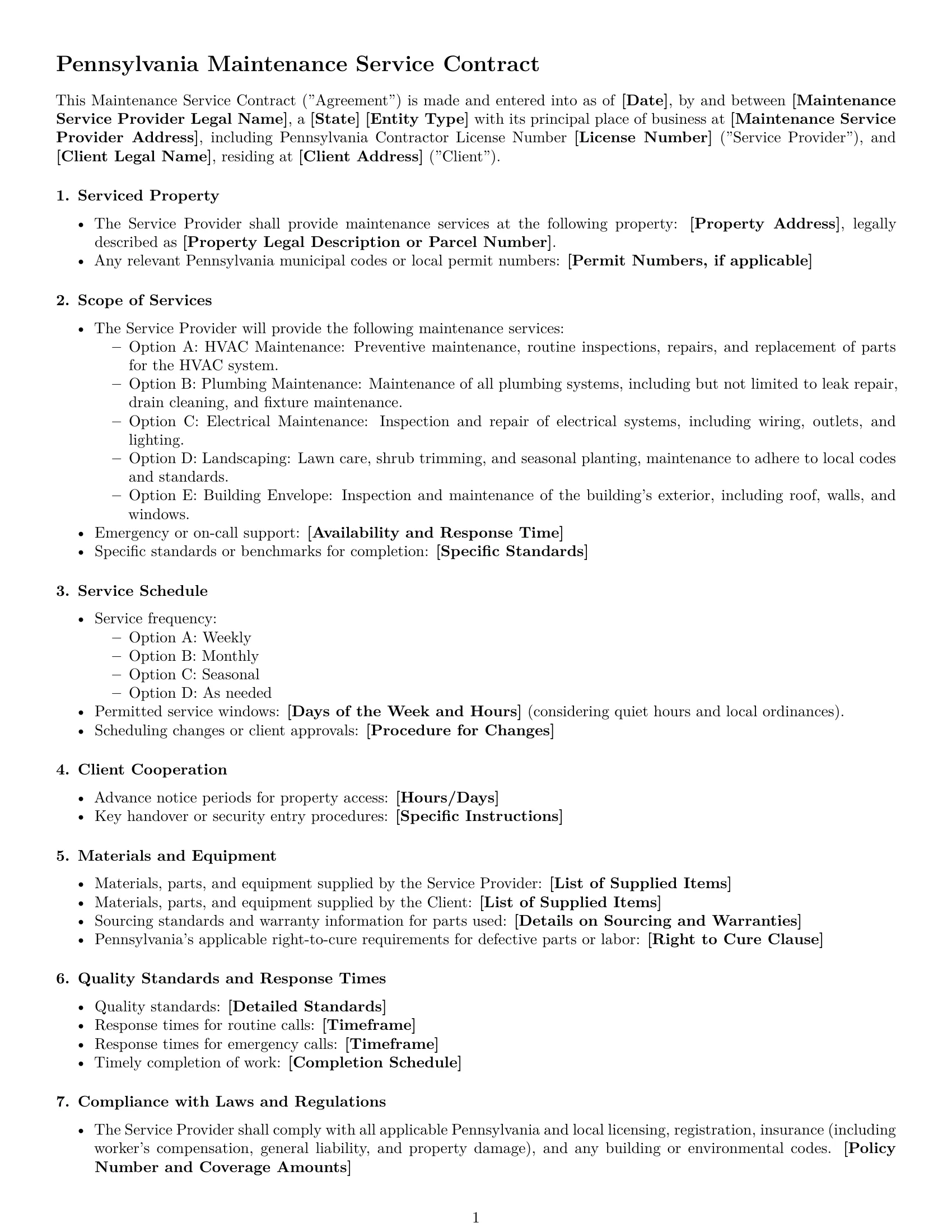 Preview page 1 of Free Pennsylvania maintenance service contract template