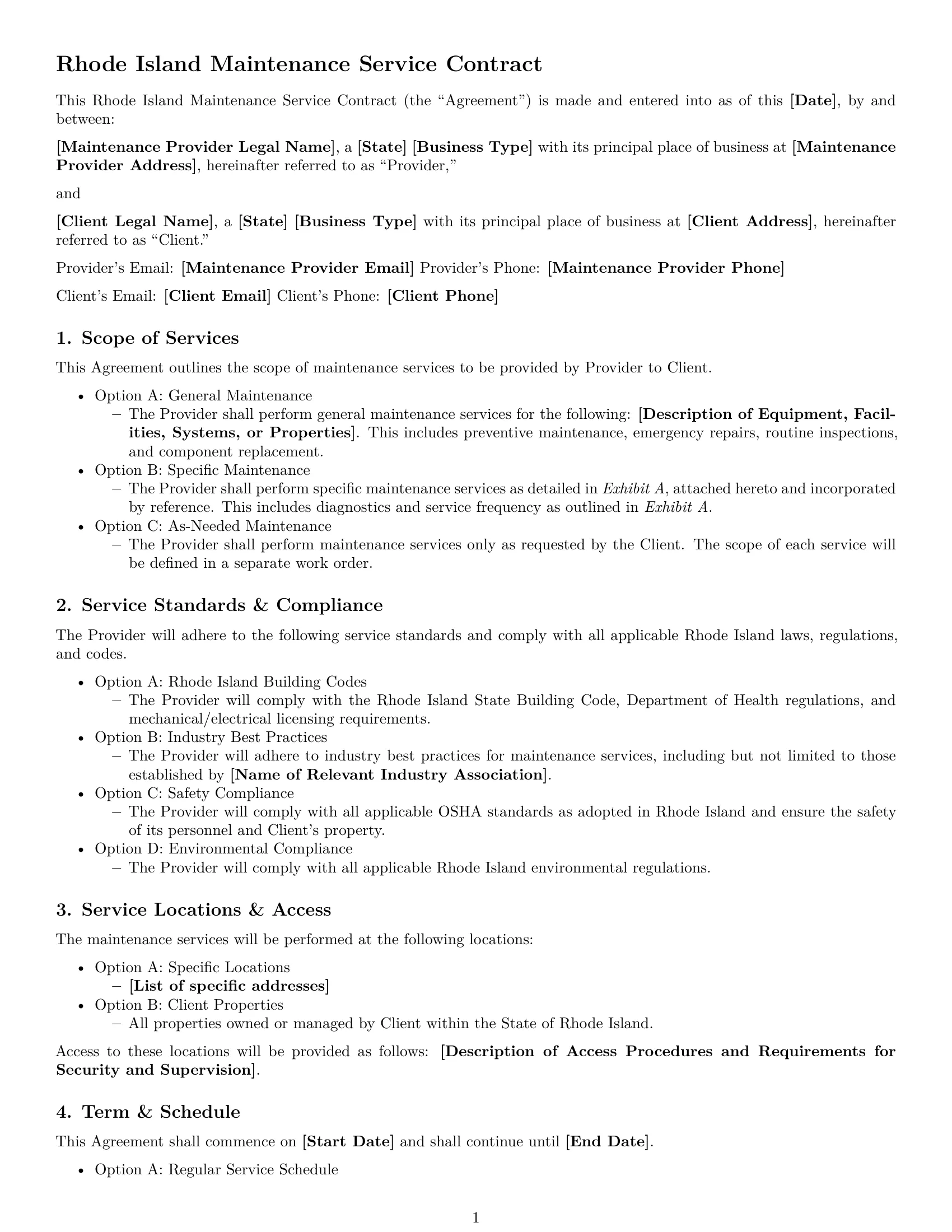 Preview page 1 of Free Rhode Island maintenance service contract template