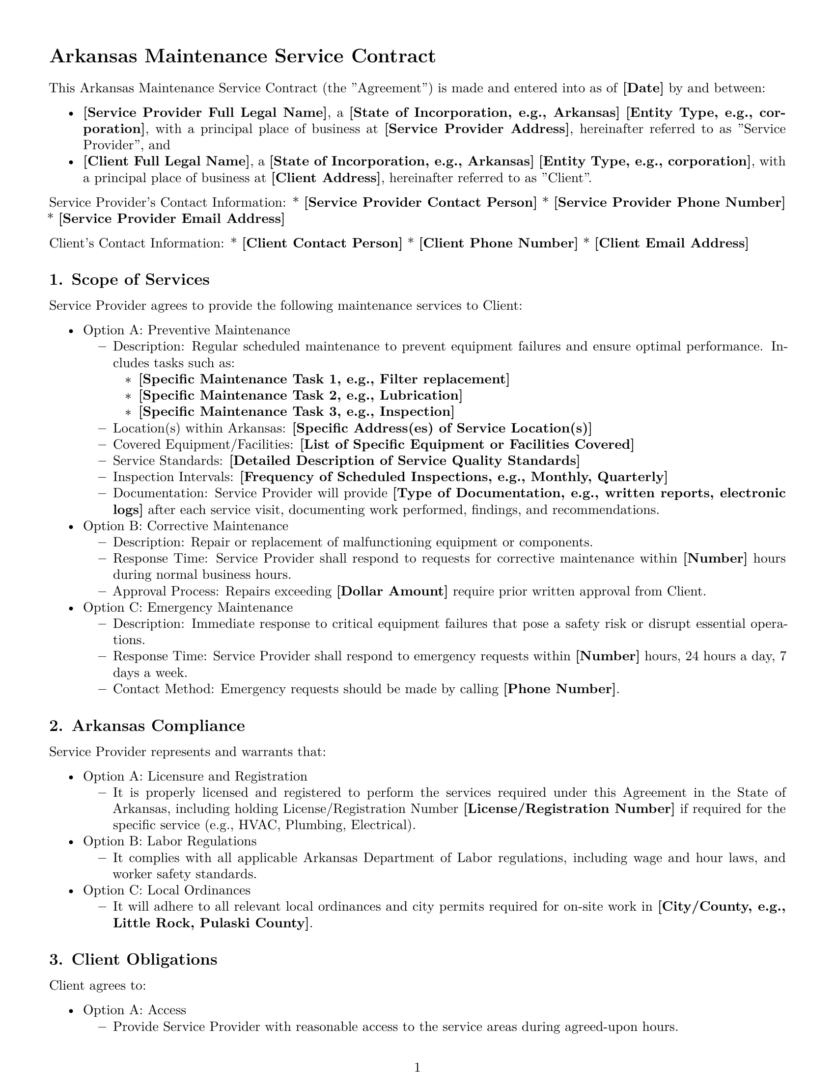 Preview page 1 of Free Arkansas maintenance service contract template