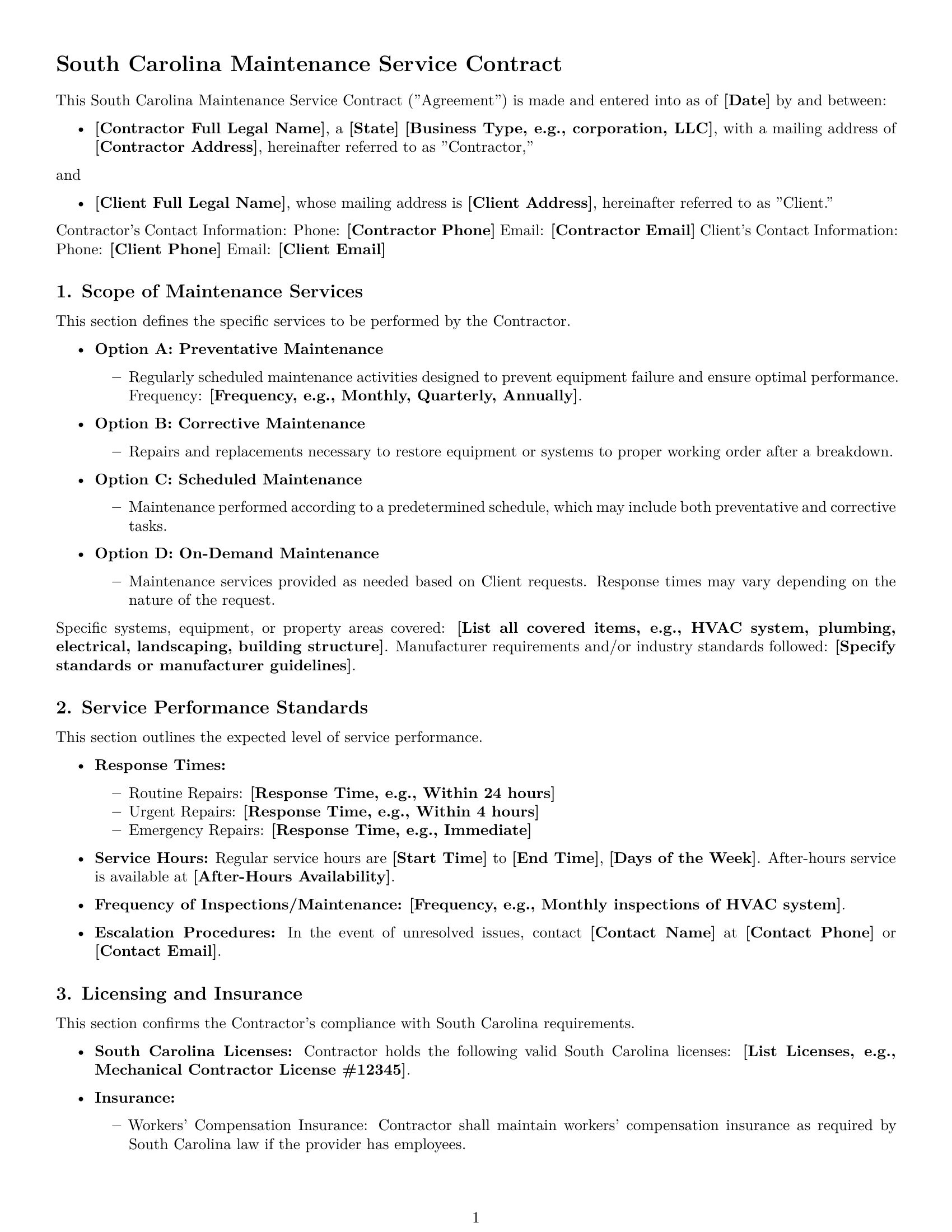 Preview page 1 of Free South Carolina maintenance service contract template