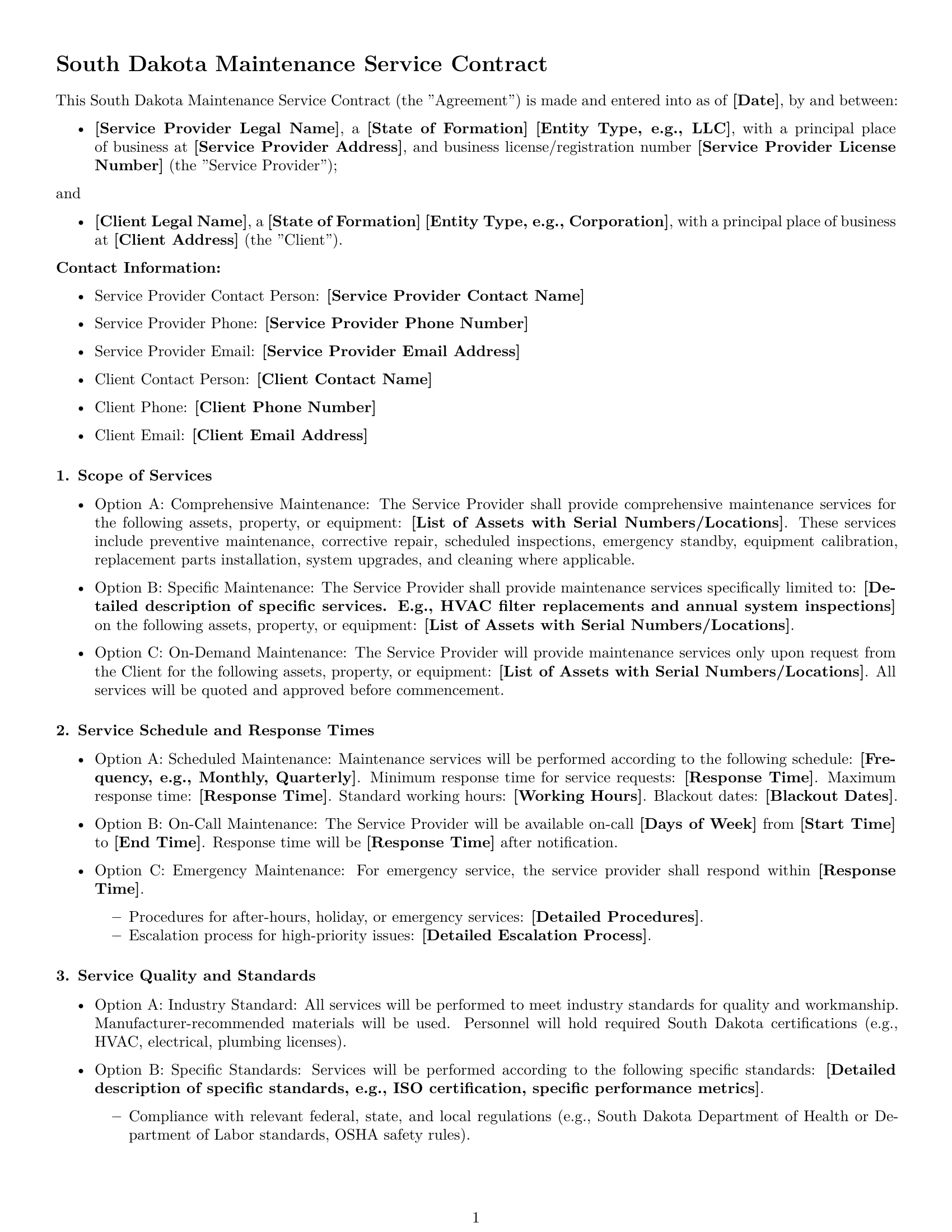 Preview page 1 of Free South Dakota maintenance service contract template