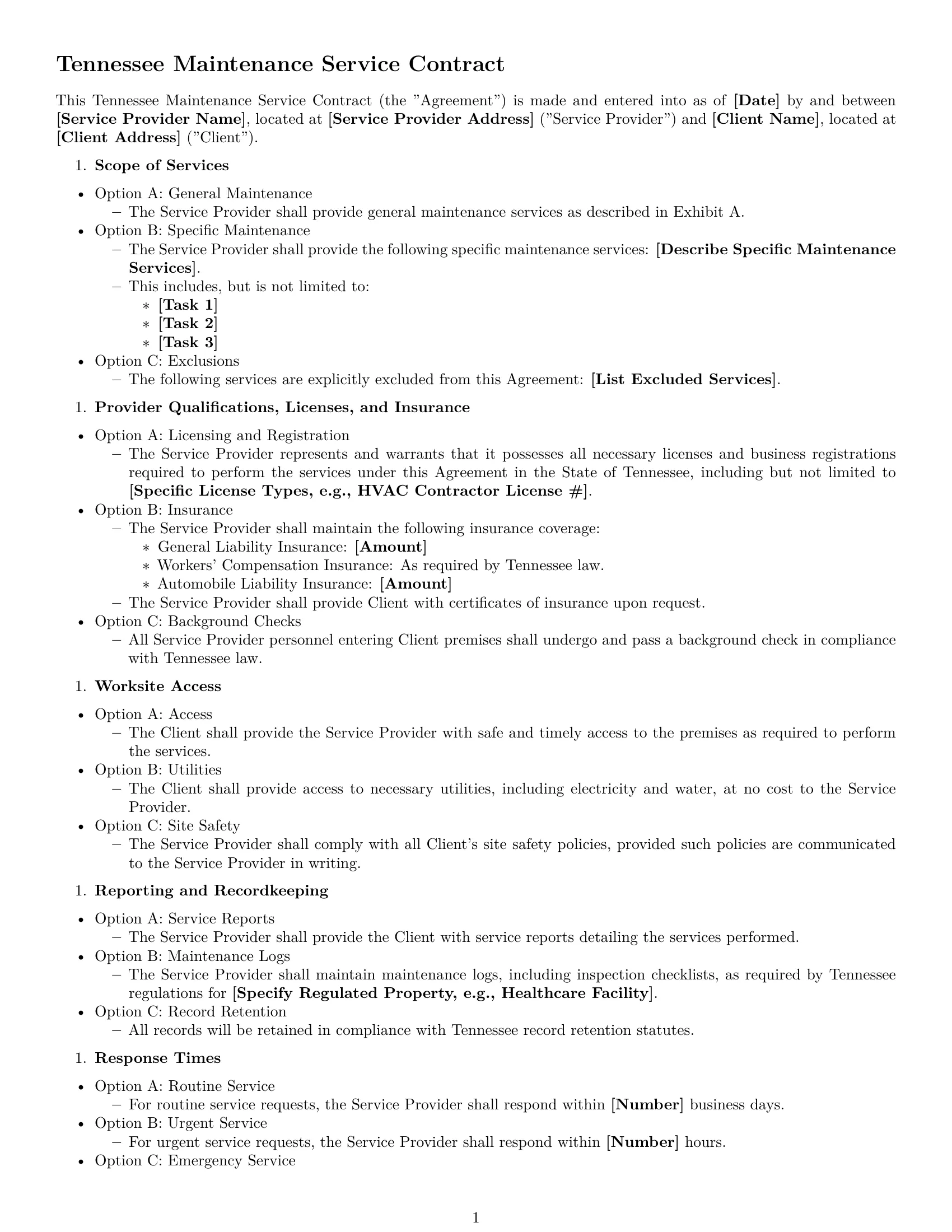 Preview page 1 of Free Tennessee maintenance service contract template