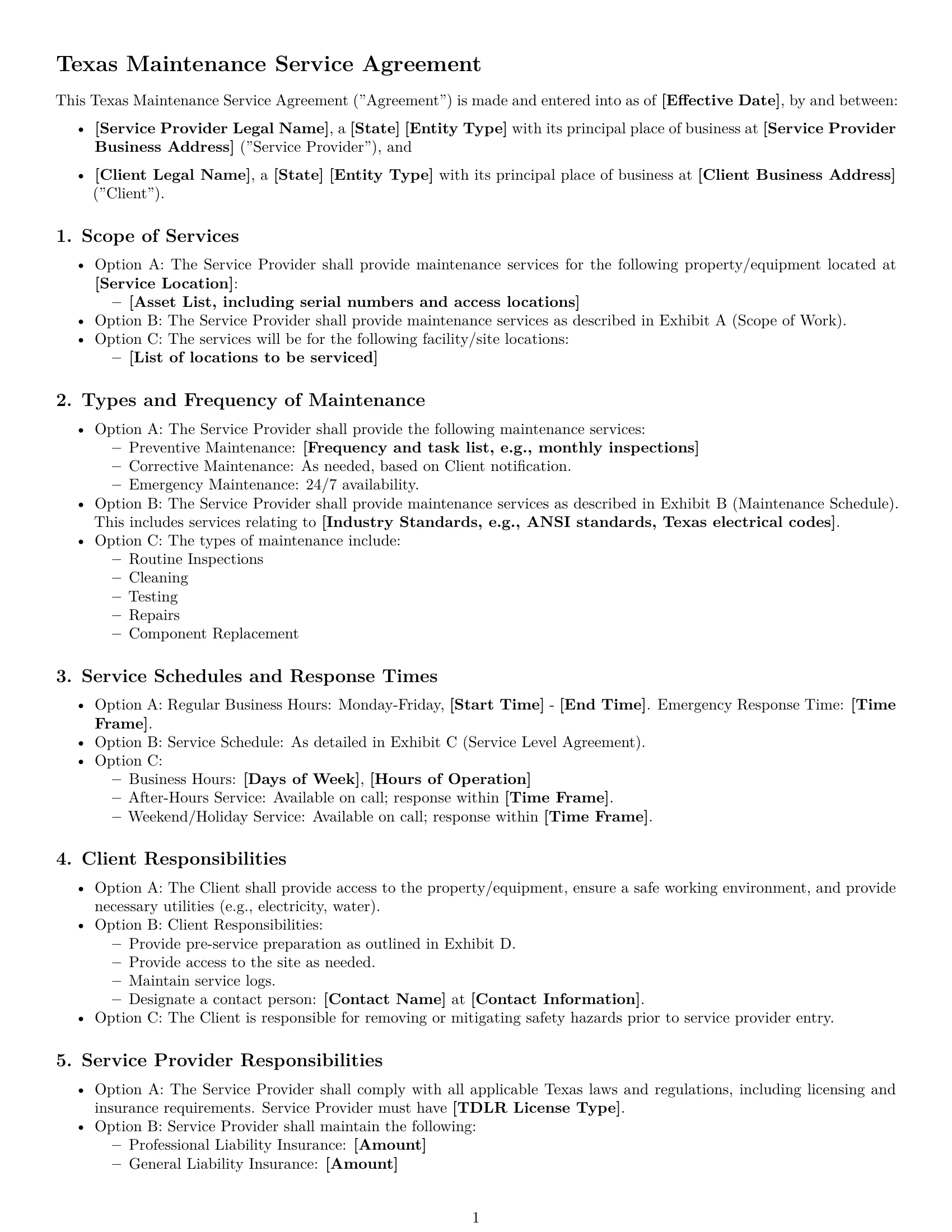 Preview page 1 of Free Texas maintenance service contract template