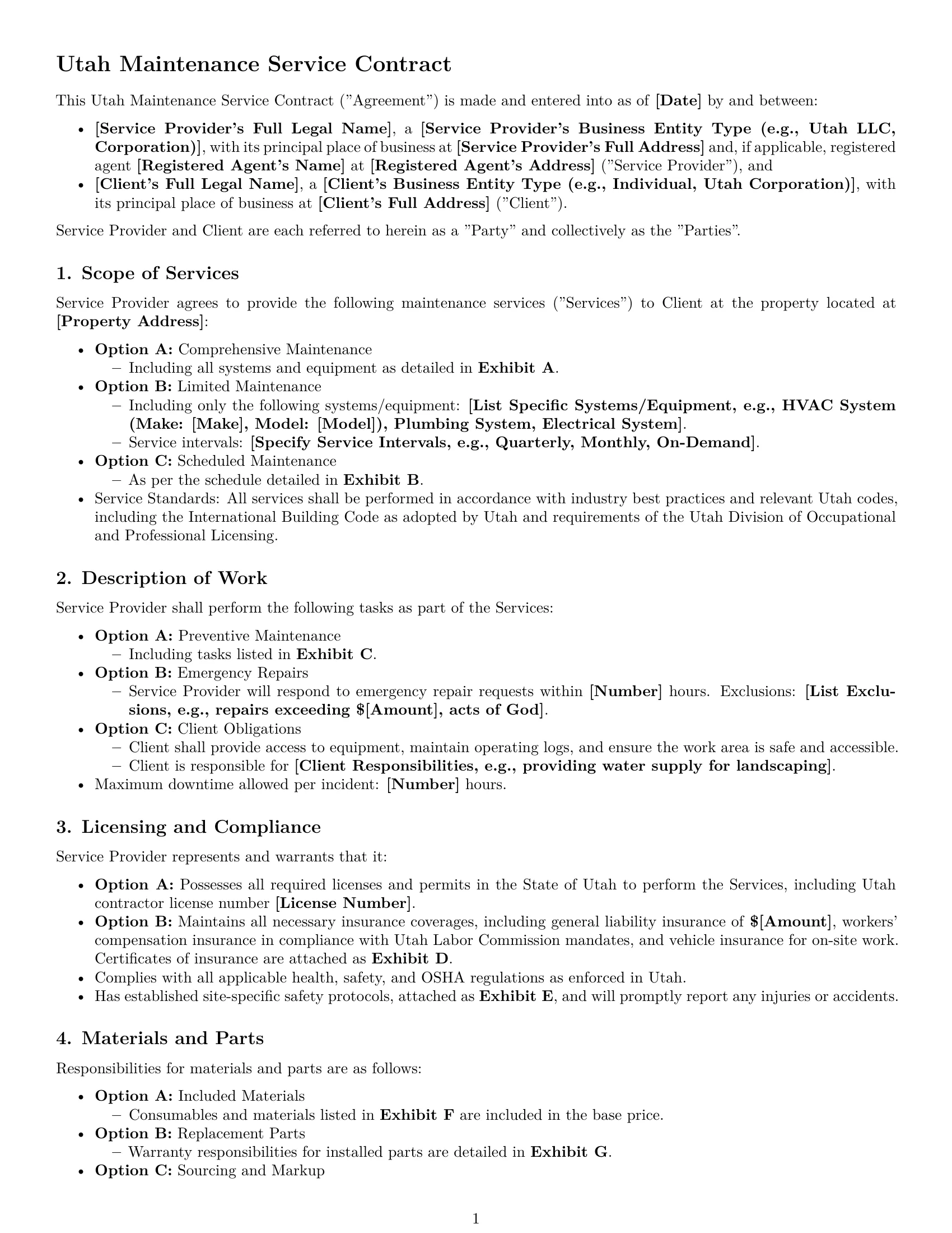 Preview page 1 of Free Utah maintenance service contract template