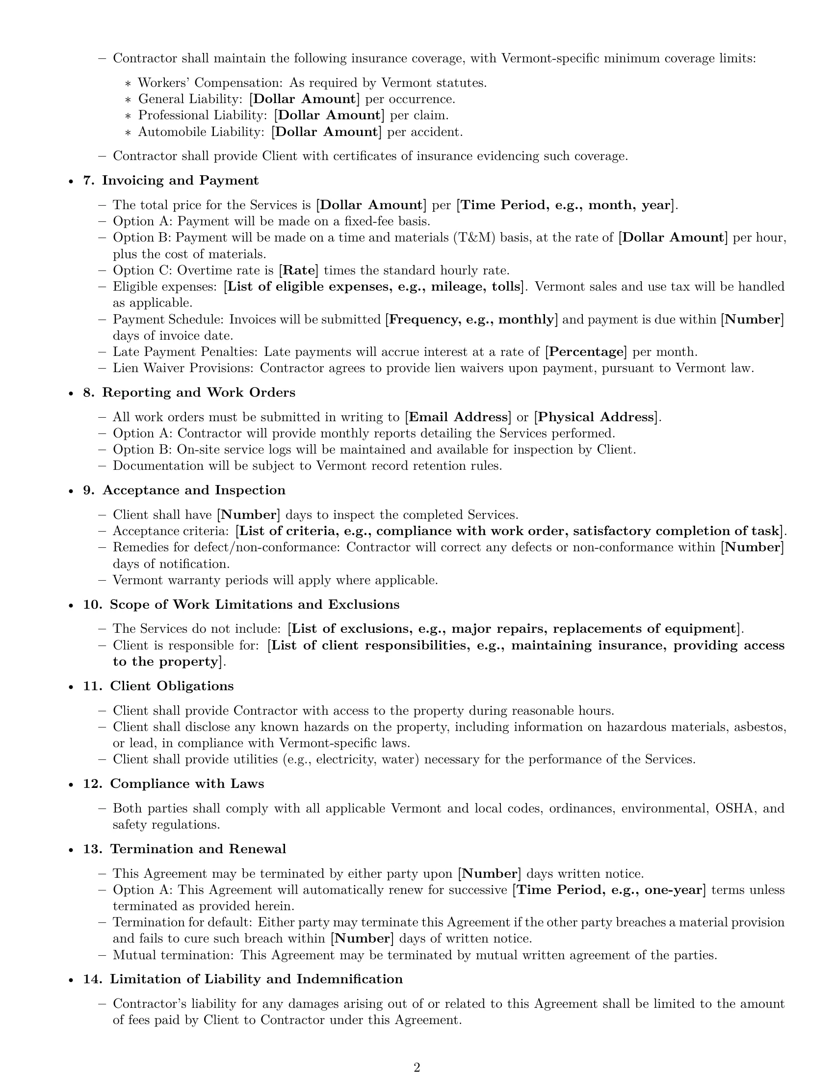 Preview page 2 of Free Vermont maintenance service contract template