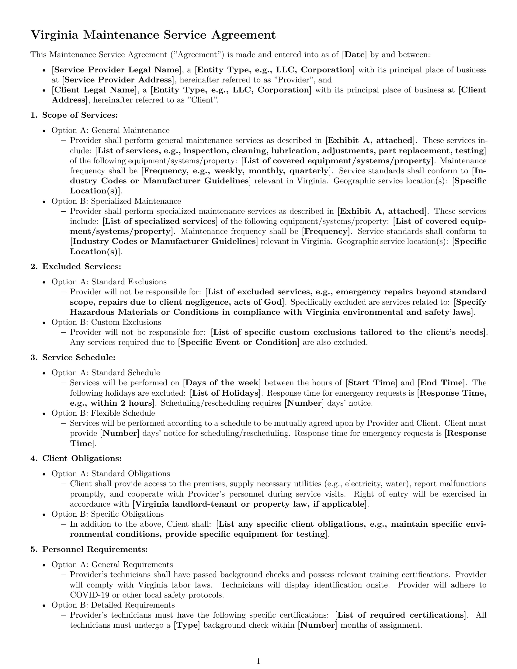 Preview page 1 of Free Virginia maintenance service contract template
