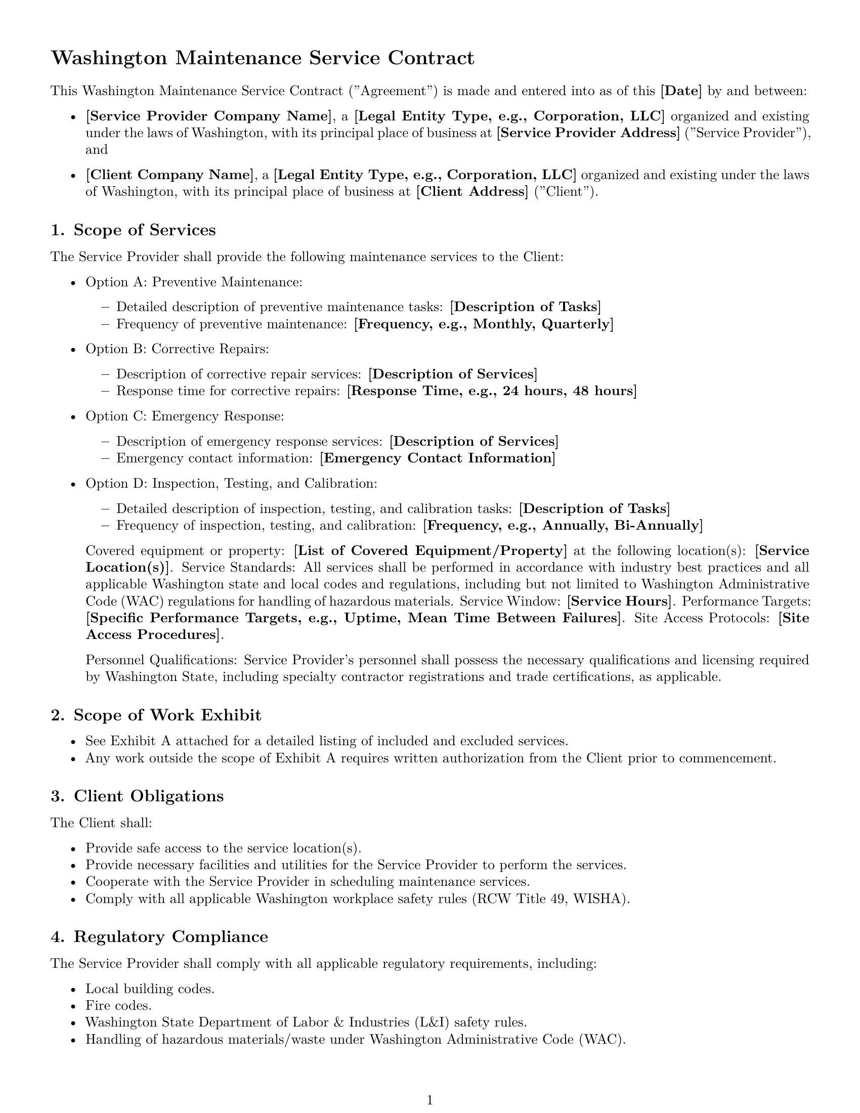 Preview page 1 of Free Washington maintenance service contract template