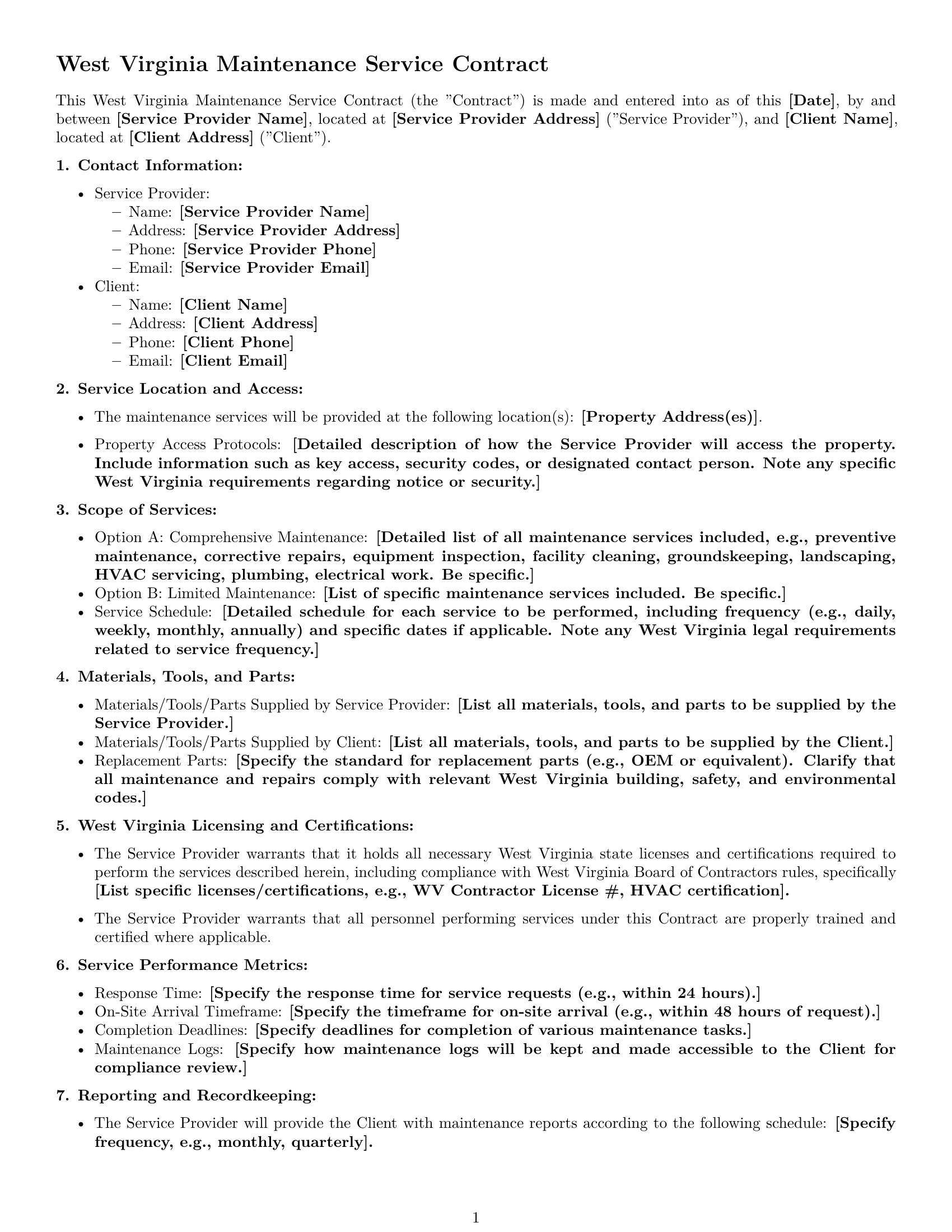 Preview page 1 of Free West Virginia maintenance service contract template