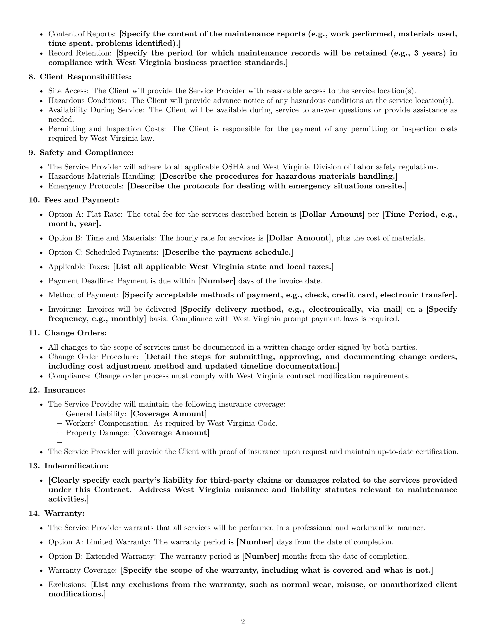 Preview page 2 of Free West Virginia maintenance service contract template