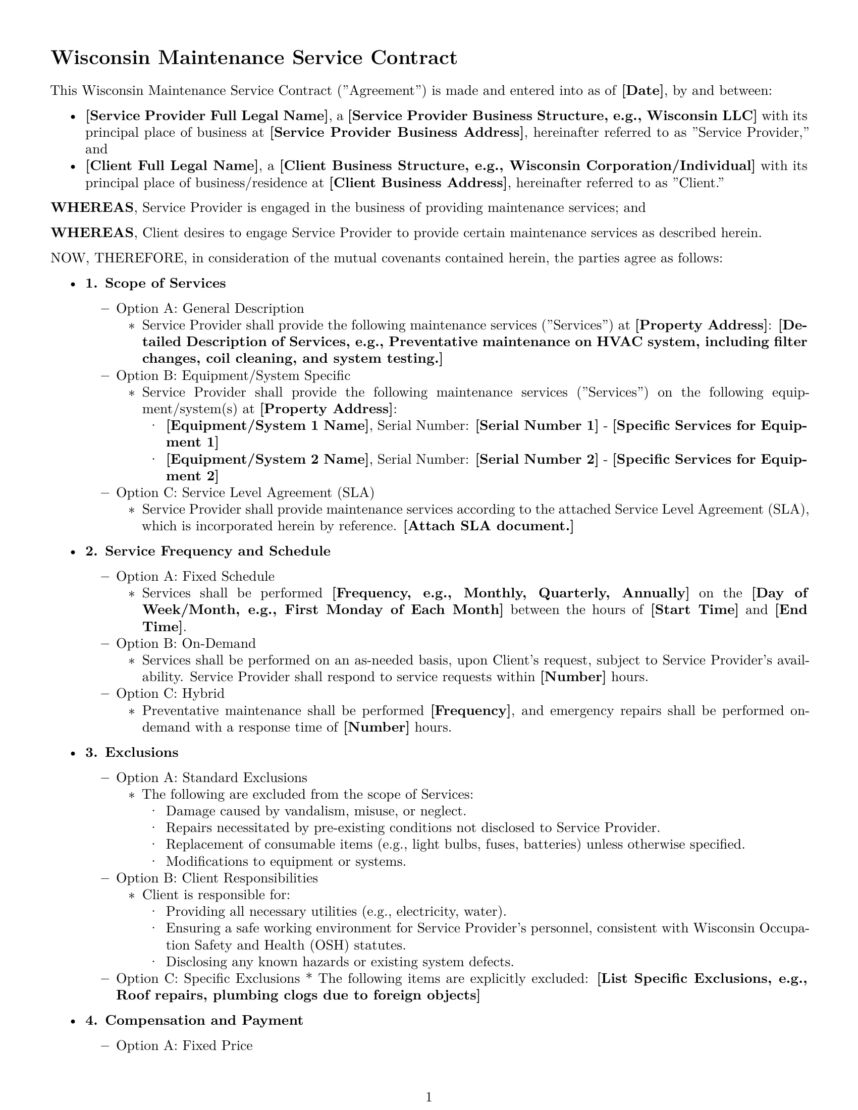 Preview page 1 of Free Wisconsin maintenance service contract template