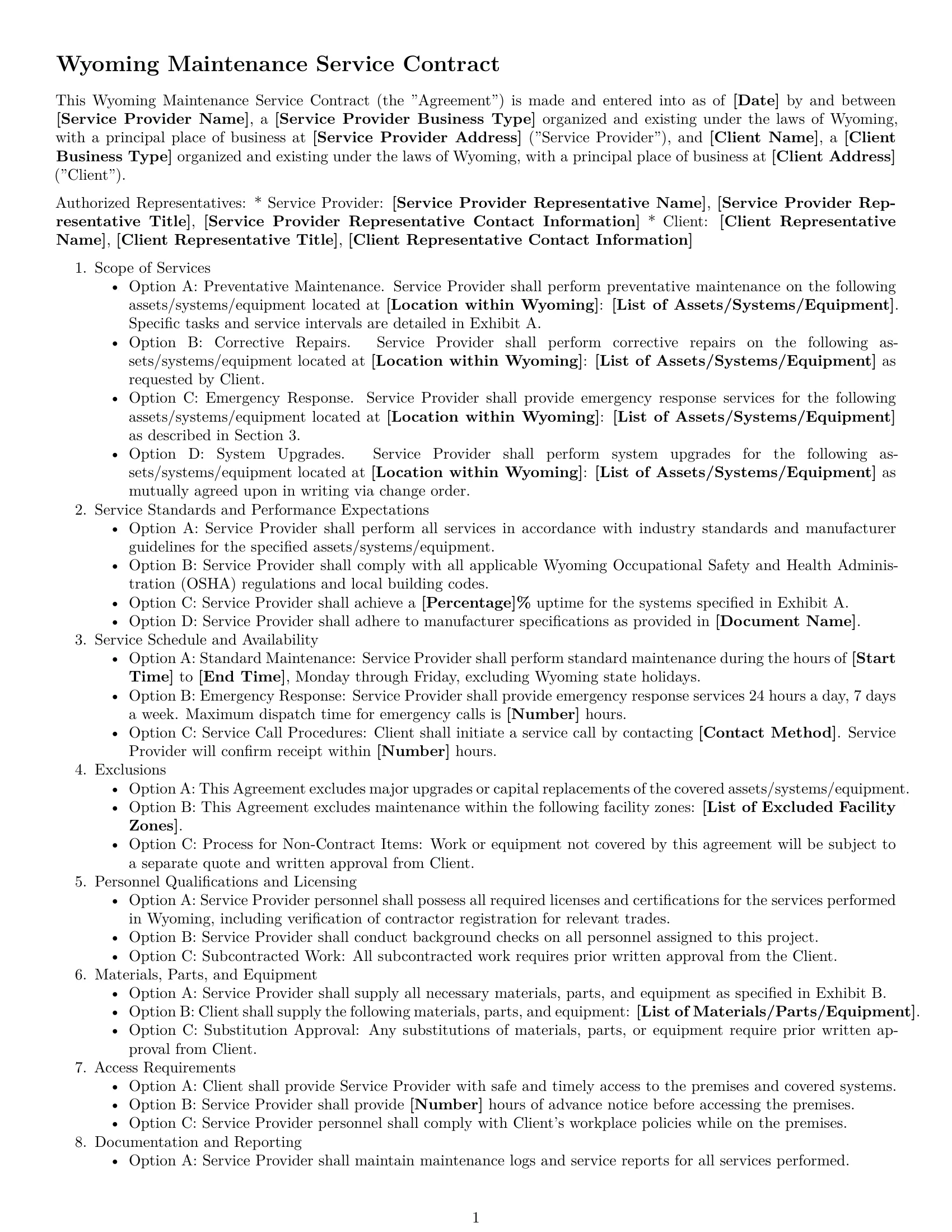 Preview page 1 of Free Wyoming maintenance service contract template